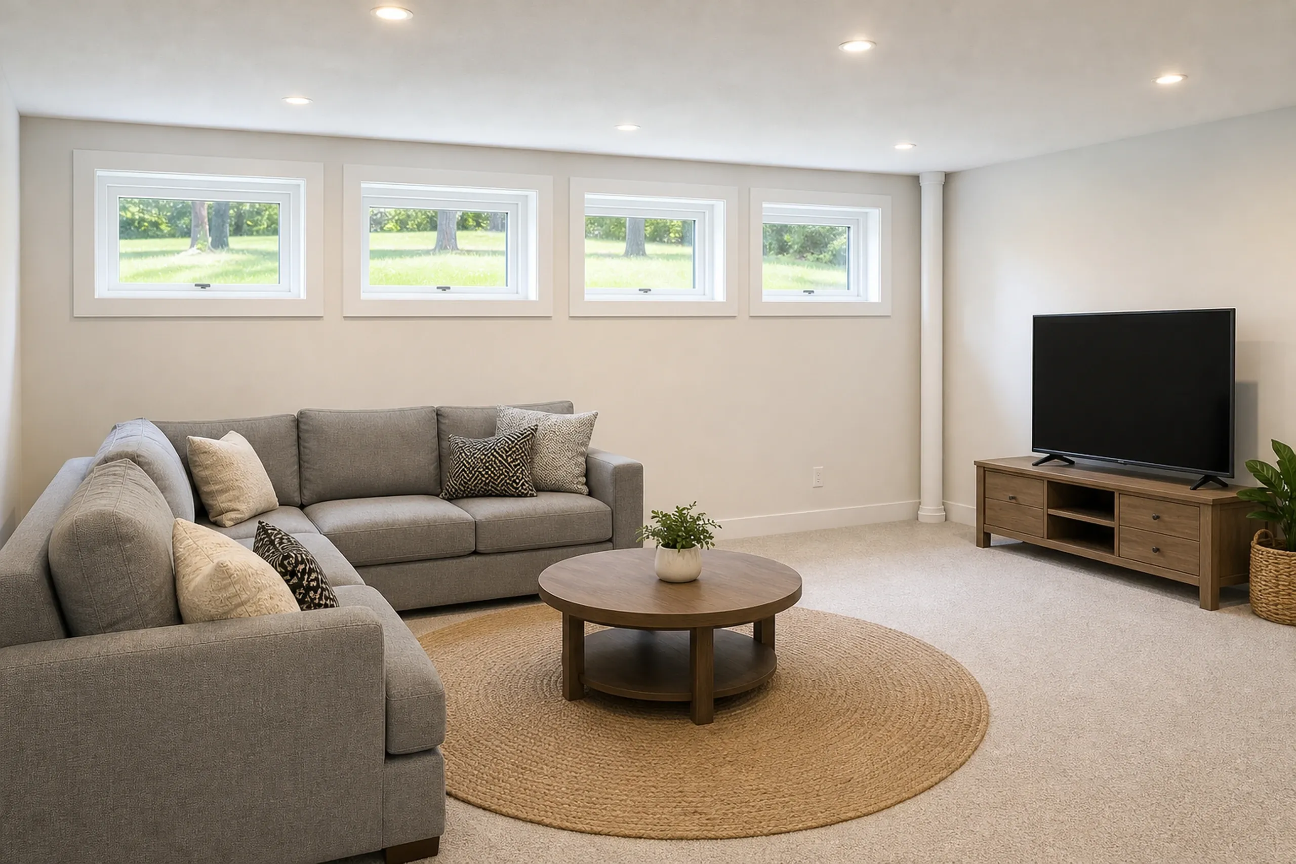 Finished basement in Hermon, ME: Interior room with gray sectional sofa, wooden coffee table, TV stand, four horizontal windows with white trim, recessed lighting, and beige carpet.