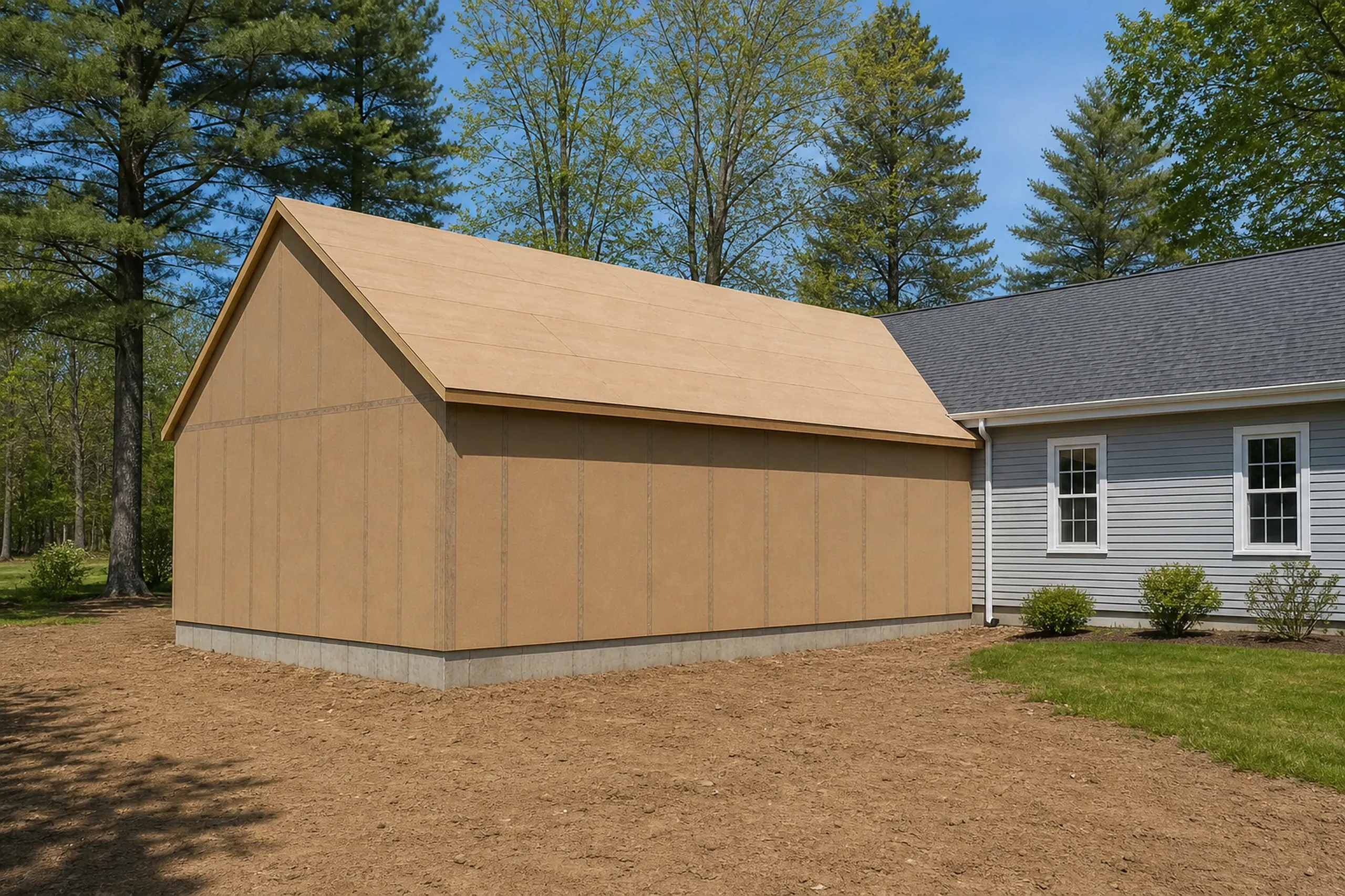 New wood-sided garage in Hermon, ME: Tan vertical-board siding garage with gabled roof next to gray house with dark shingles, surrounded by pine trees and mulch ground.
