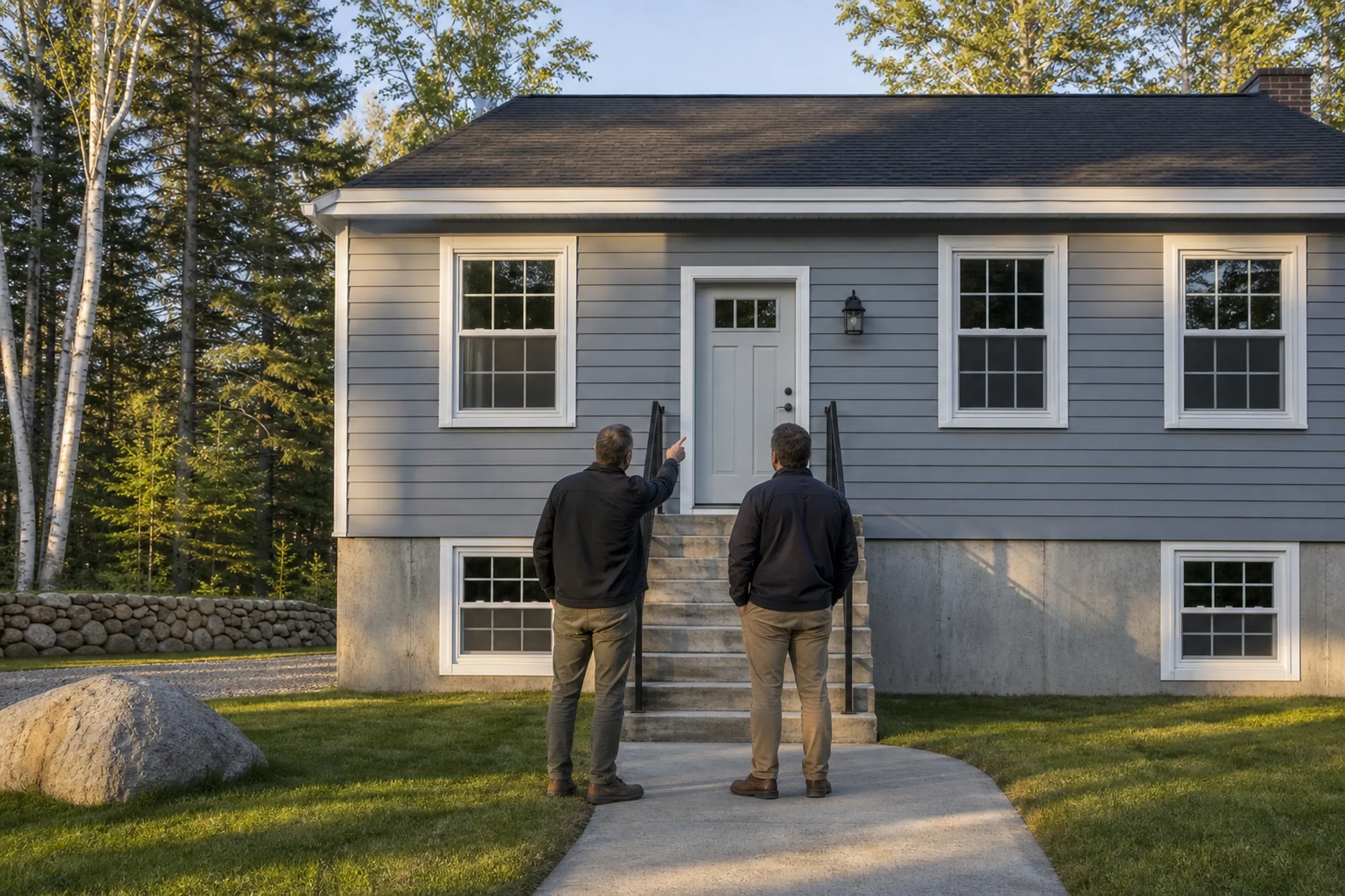 Re-sided home in Hermon, ME: Two men stand on concrete steps facing a gray-sided house with white trim windows and white door. Dark roof. Stone foundation visible. Wooded lot with lawn and large boulder.