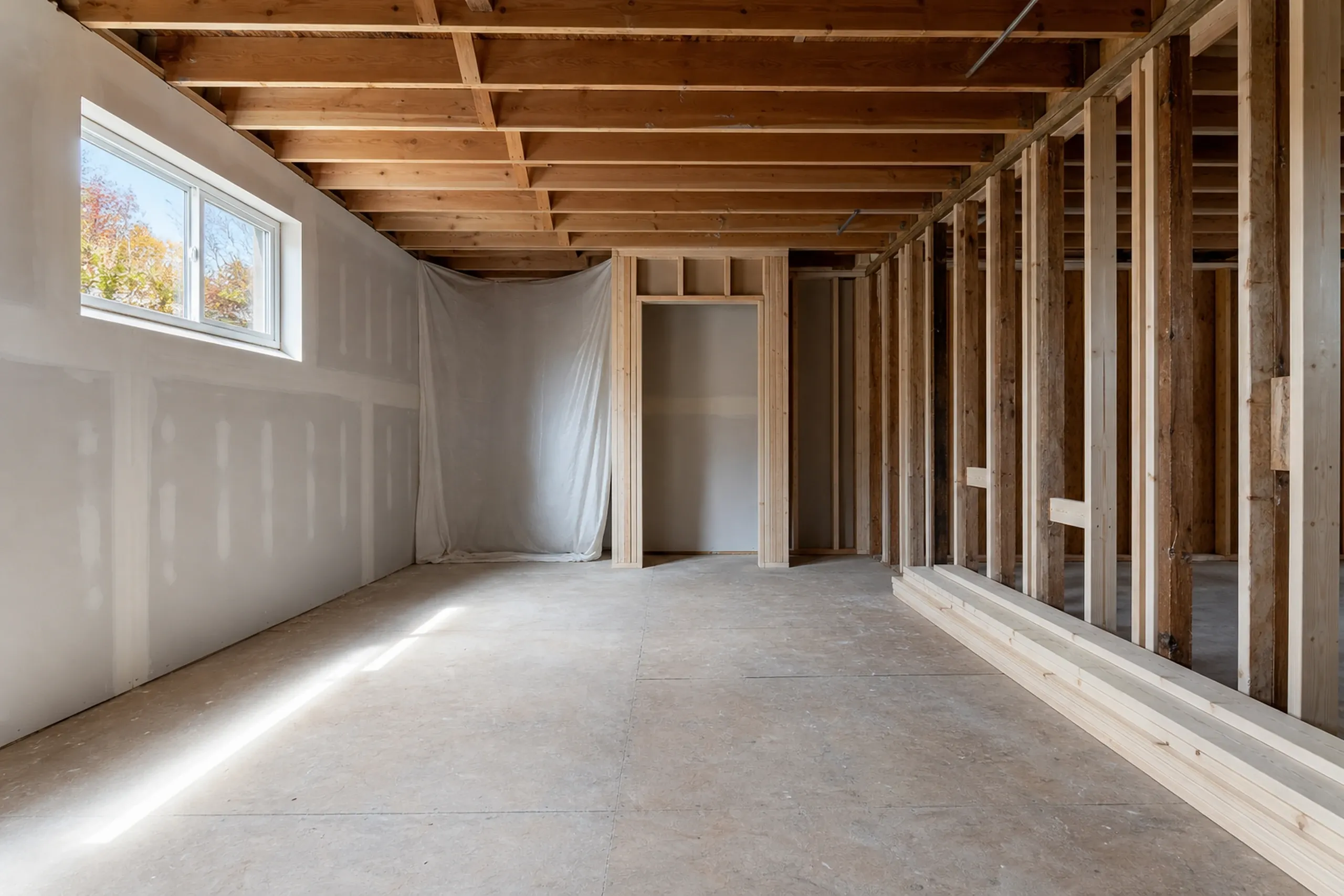 Interior framing in Hermon, ME: Unfinished residential interior with exposed wood framing, drywall, concrete floor, and window showing autumn trees outside.