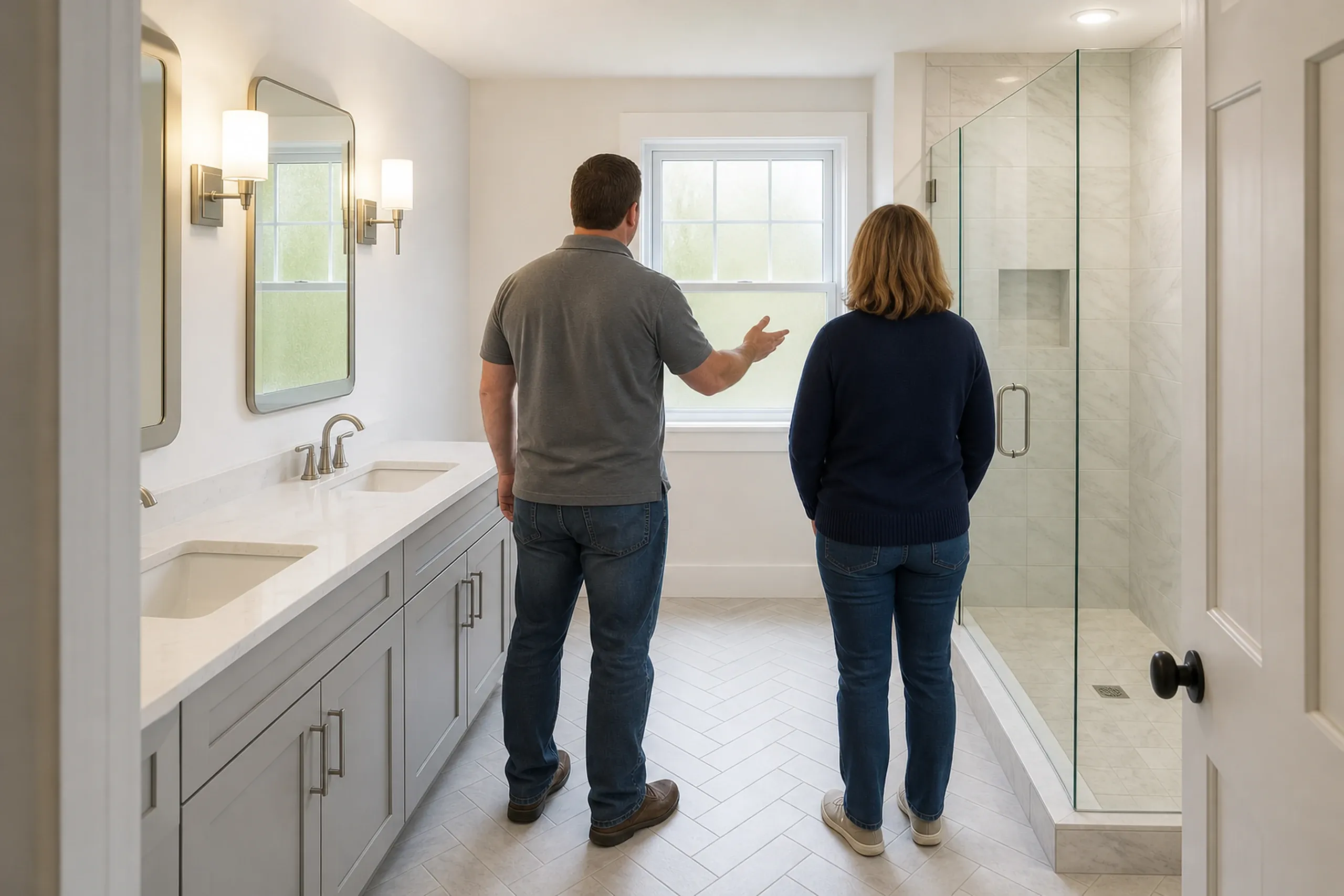 Bathroom Remodel in Hermon, ME: Man and woman viewing newly renovated master bathroom with double vanity, large window, and walk-in shower.