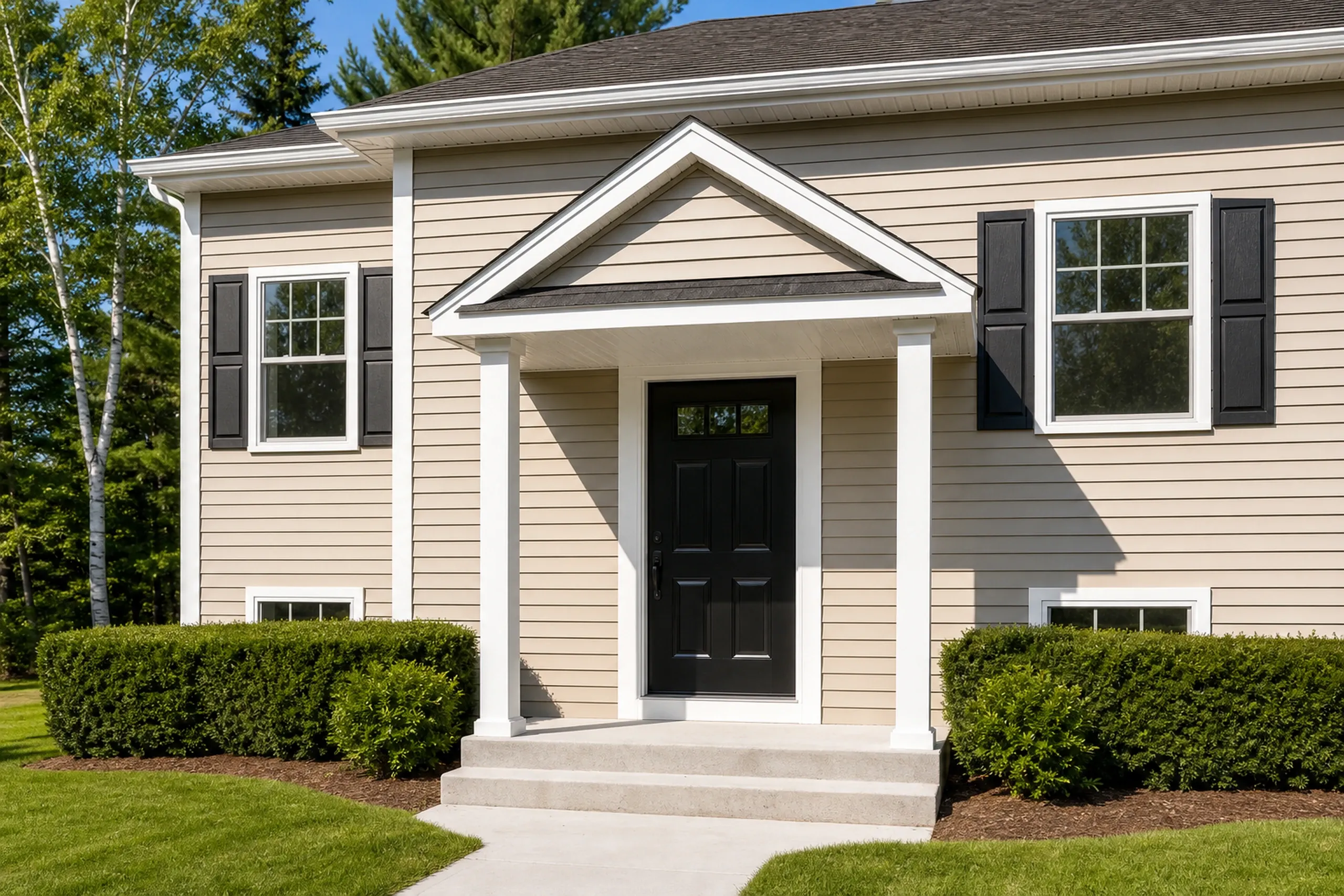 New construction home in Hermon, ME: Two-story house with tan vinyl siding, white trim, black shutters and door, peaked entry portico, and dark roof surrounded by landscaping.