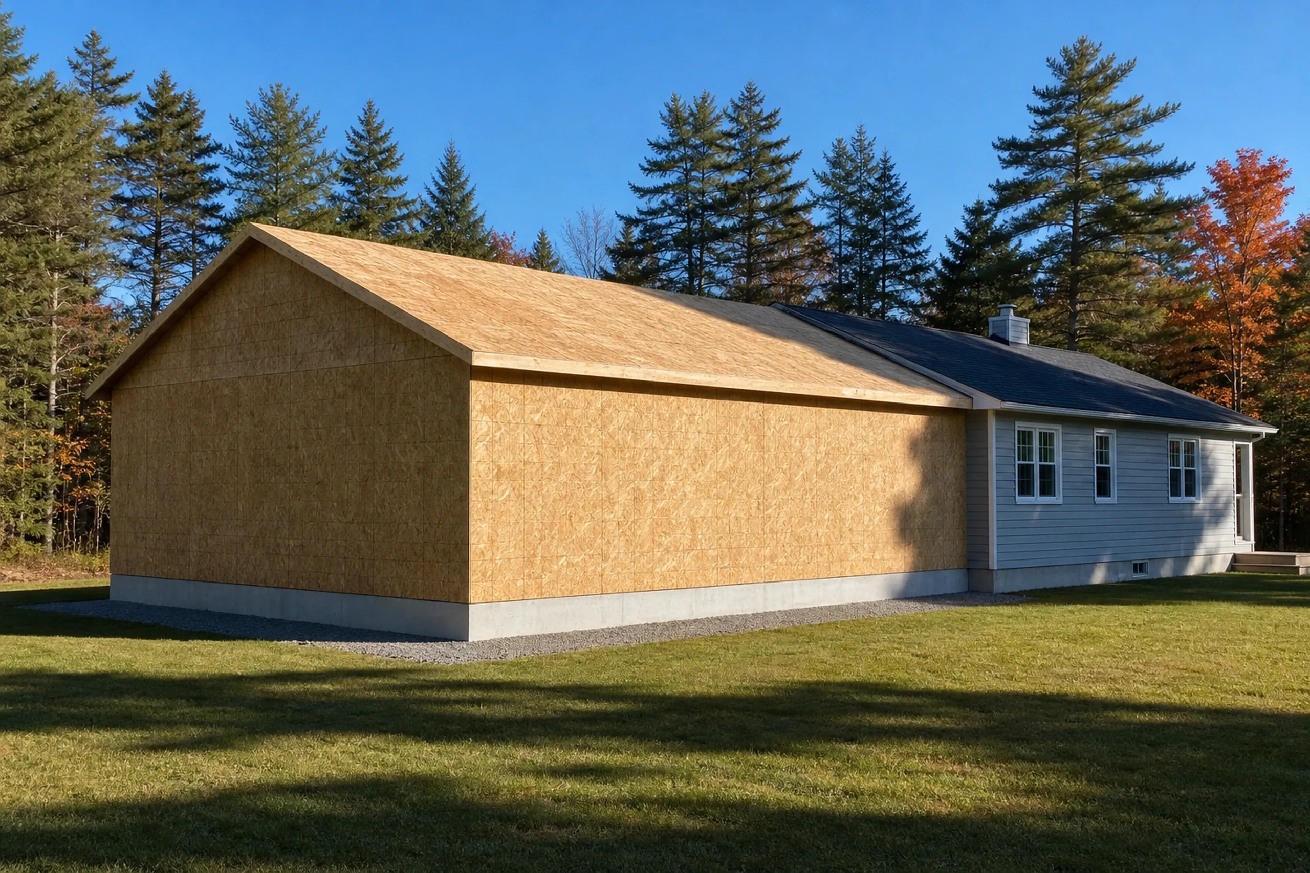 New construction home in Holden, Maine: Single-story house with tan OSB sheathing on left side, blue vinyl siding on right, metal roof, surrounded by evergreen trees and autumn foliage.