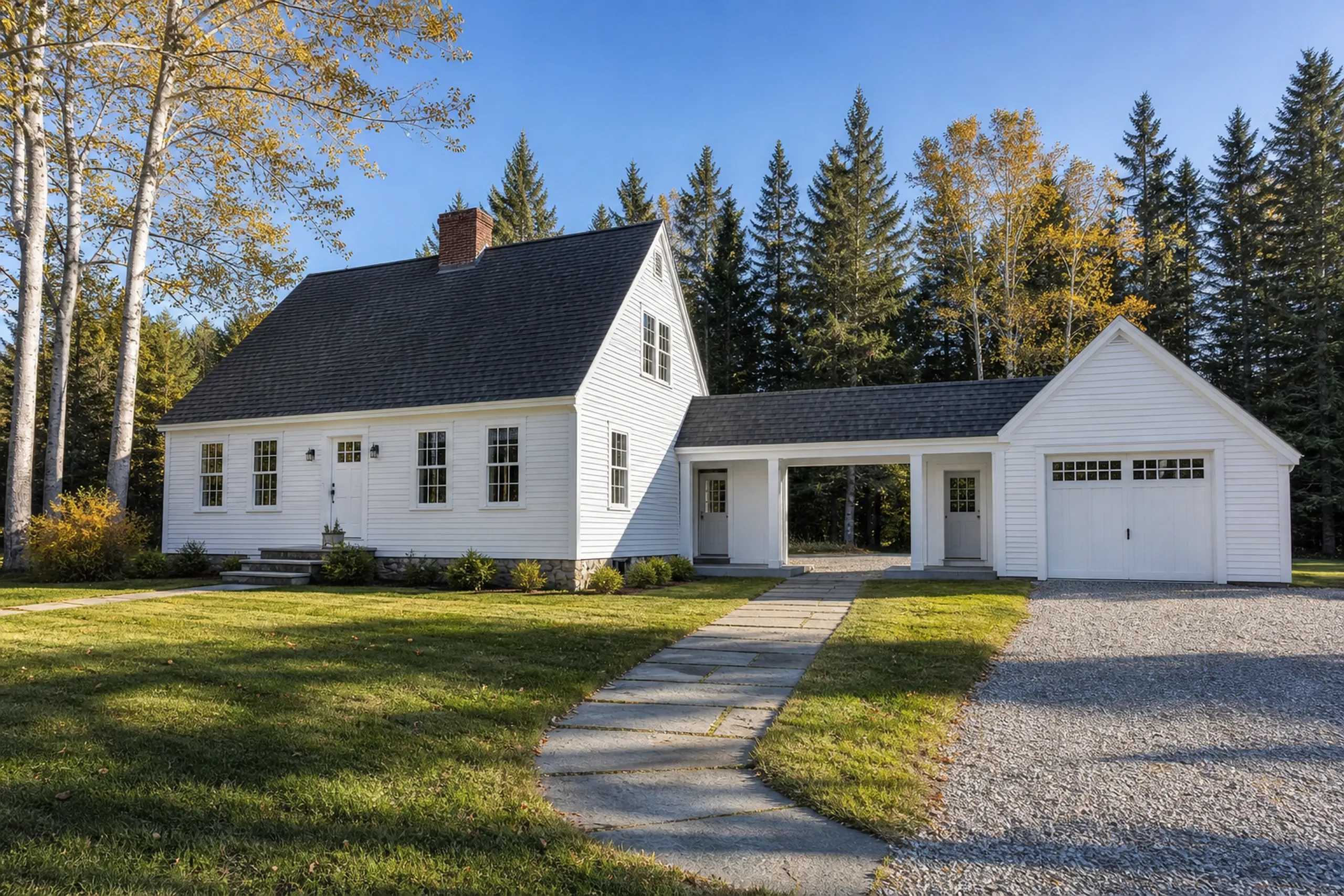 White Colonial Home in Holden, Maine: White farmhouse with black roof, brick chimney, covered porch, attached garage, gravel driveway, stone walkway, surrounded by evergreen and birch trees.