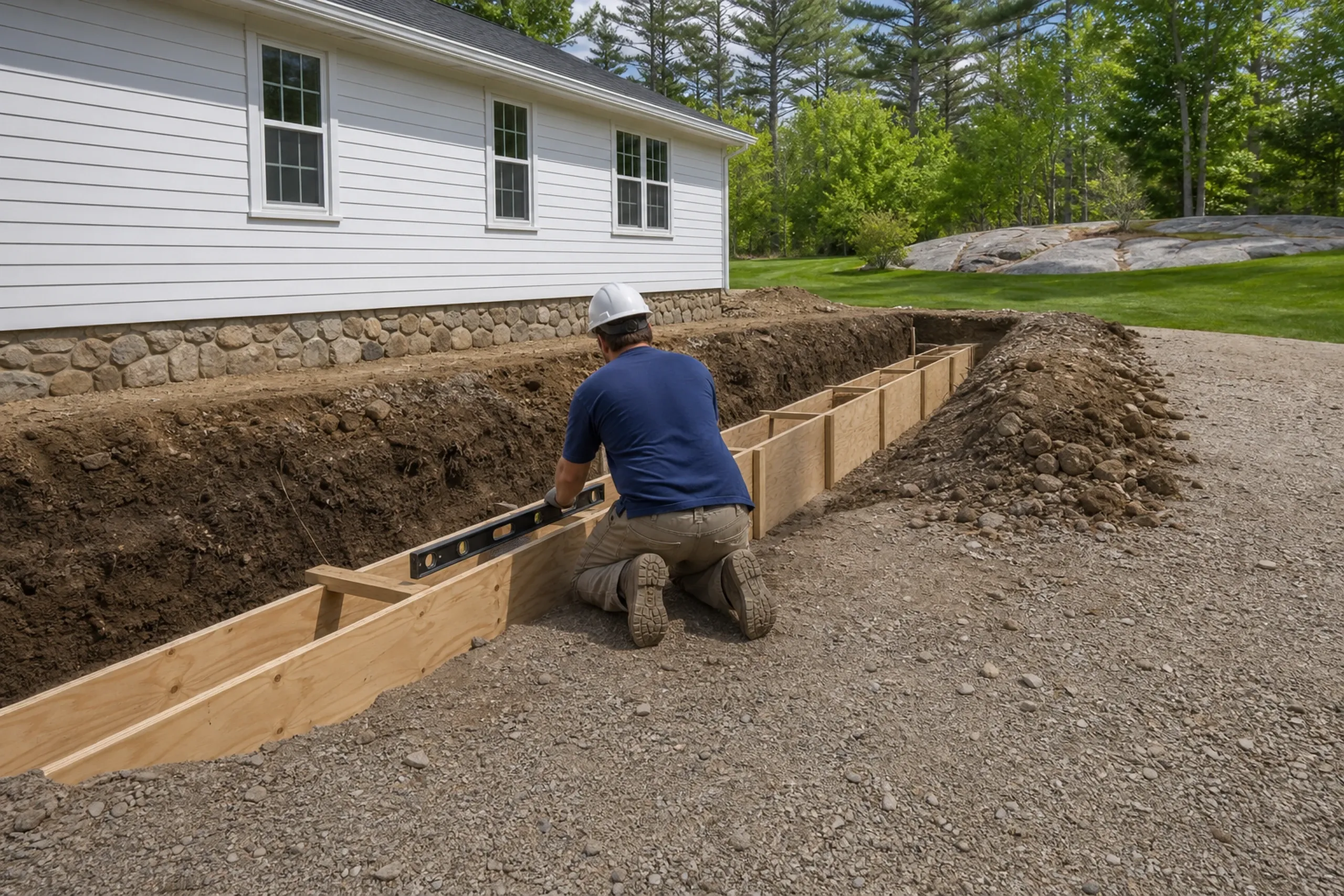 Foundation work in Holden, Maine: Worker in hard hat installing wooden forms along excavated foundation trench beside white-sided house with stone foundation and green lawn.