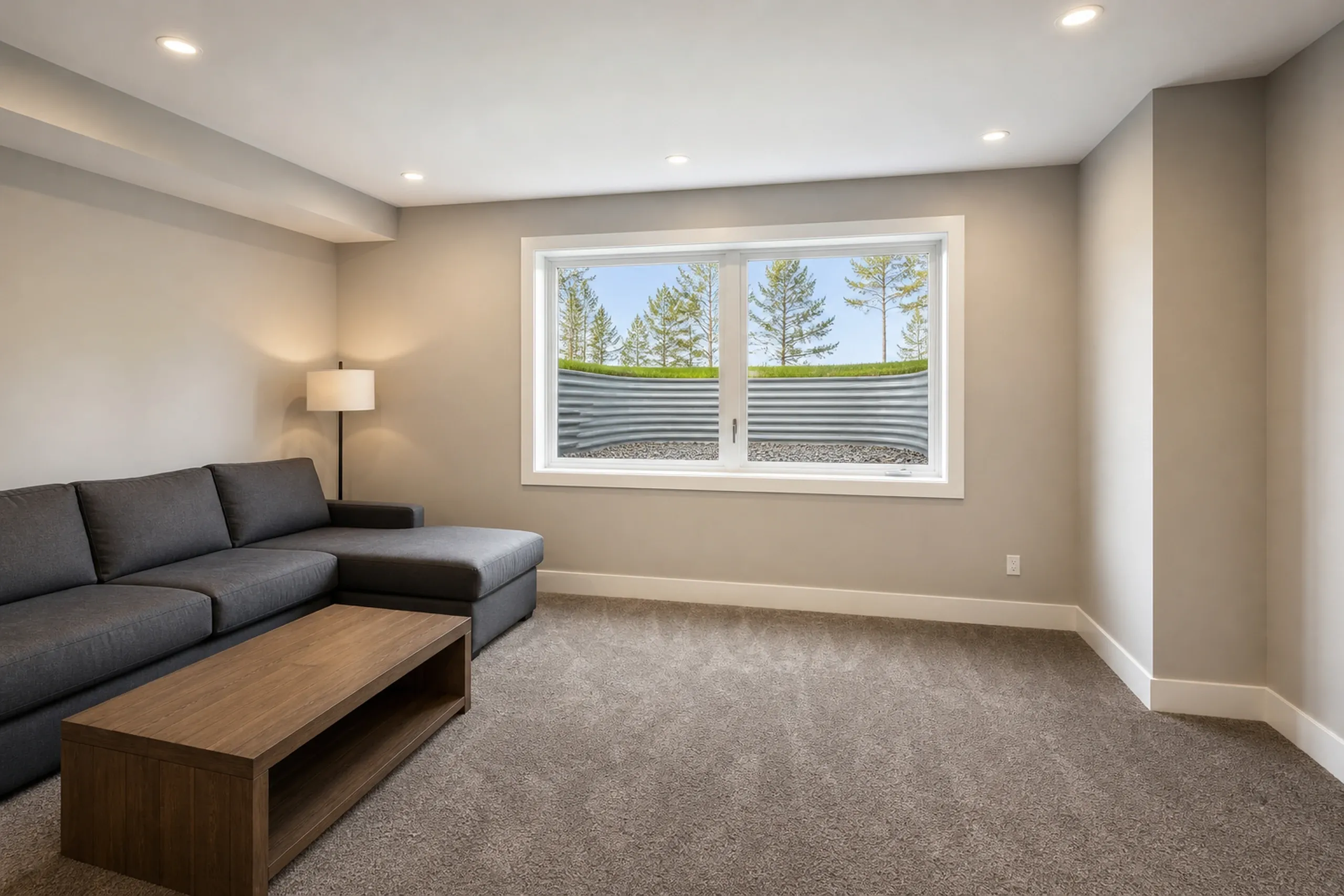 Basement rec room in Holden, ME: Interior view of finished basement with gray sectional sofa, wooden coffee table, recessed lighting, and large basement window with white trim.