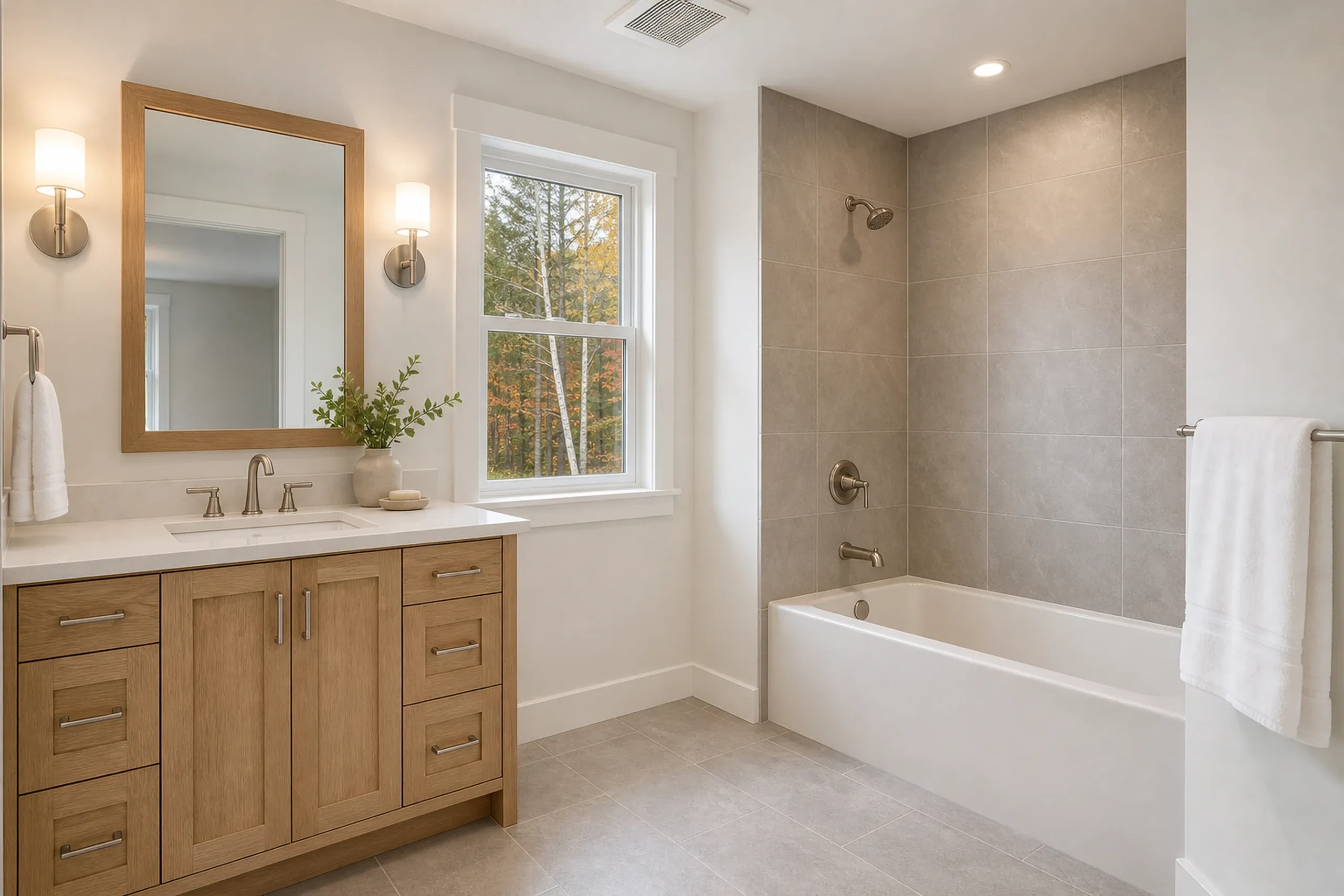Modern bathroom renovation in Holden, ME: Vanity with wood cabinets, framed mirror, window, tile shower surround, and bathtub with white subway tile walls.