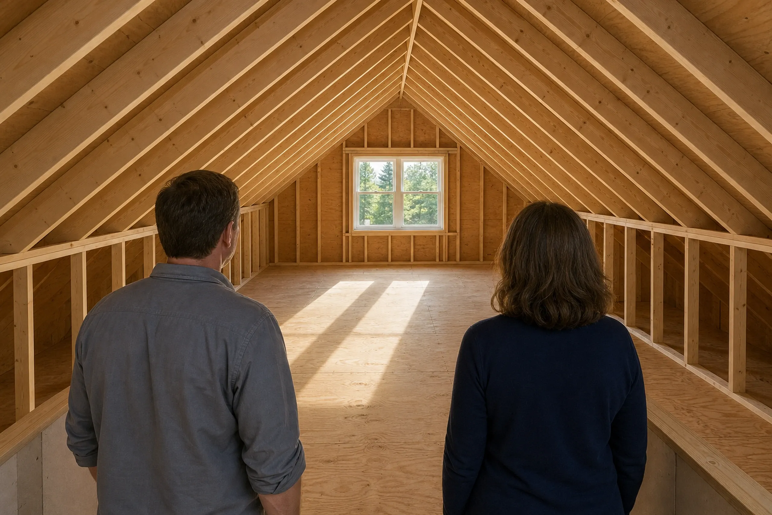 Attic framing in Holden, ME: Two people viewing an unfinished attic space with exposed wooden beams, plywood flooring, a gable window, and natural light streaming through.
