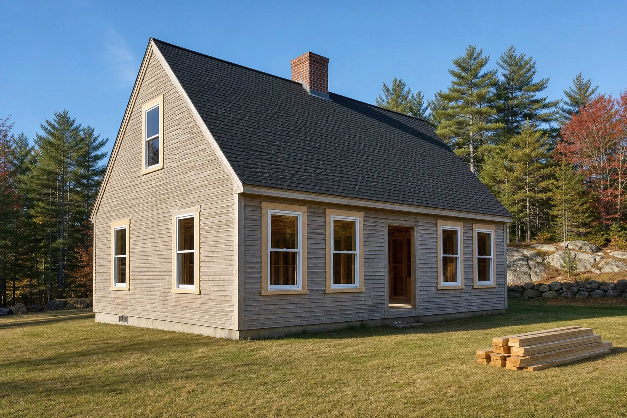 New England cottage in Holden, ME: Single-story house with gray wooden siding, white trim, black roof, brick chimney, multiple windows, brown door, surrounded by evergreen and autumn trees on grassy lawn.