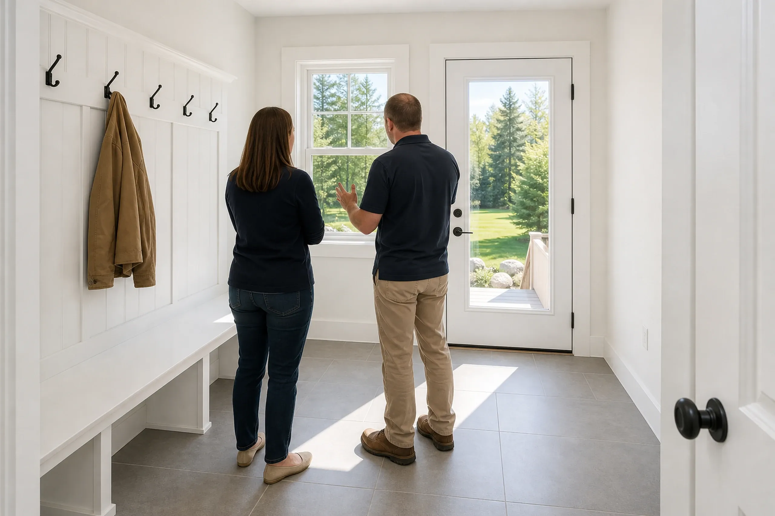 Mudroom addition in Holden, Maine: Two people view large windows in a bright white mudroom with bench seating, hooks, and glass doors overlooking evergreen trees.