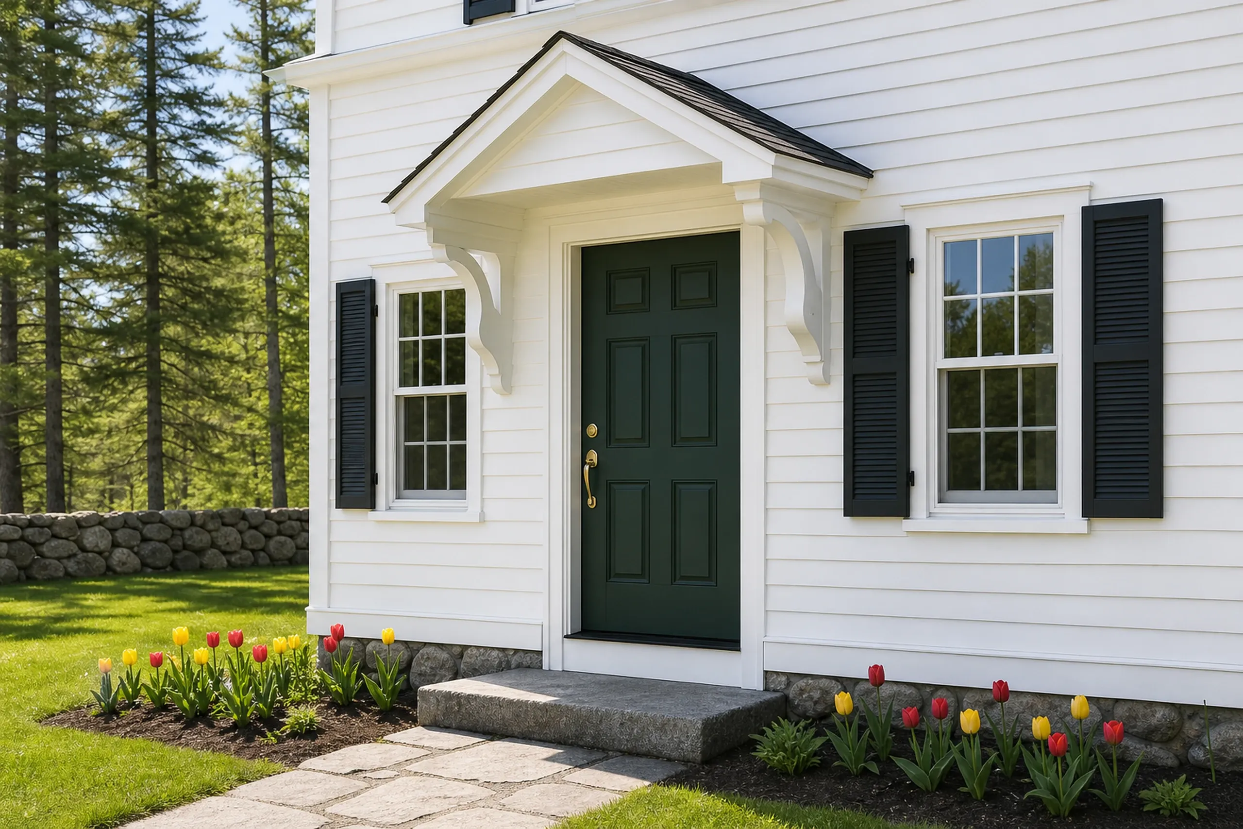 White cottage exterior in Holden, ME: White-sided house with dark green door, black shutters, white trim, peaked entryway, stone foundation, landscaped beds with red and yellow tulips, evergreen trees nearby.