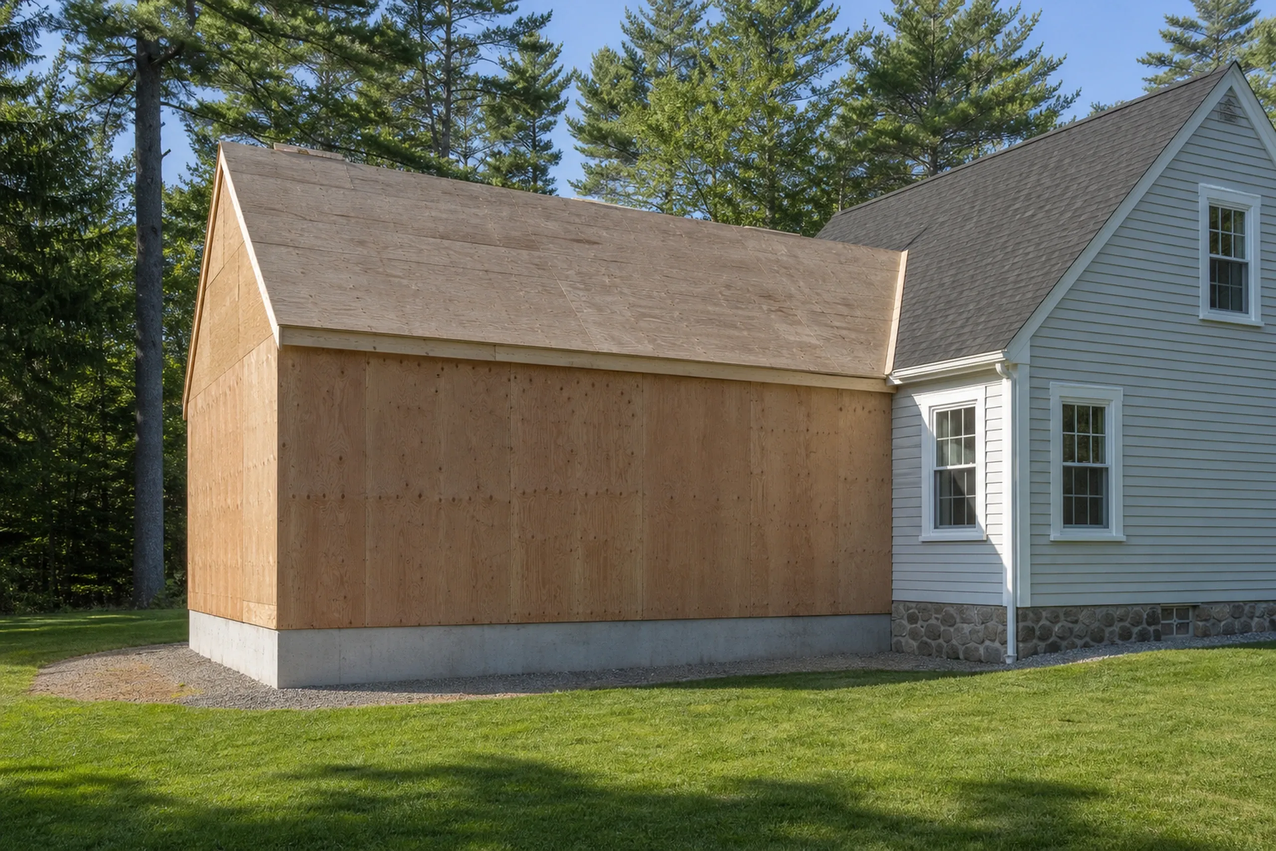 New addition to white house in Hudson, ME: Brown wooden-sided addition with concrete foundation attached to white-sided house with gray roof, surrounded by pine trees and lawn.