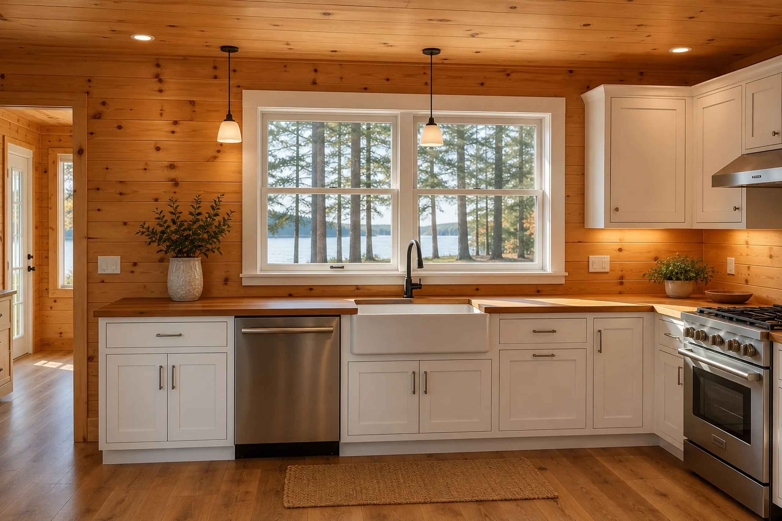 Log cabin kitchen in Hudson, Maine: Interior view of kitchen with knotty pine log walls, white cabinetry, stainless steel appliances, and large windows overlooking forest and water.
