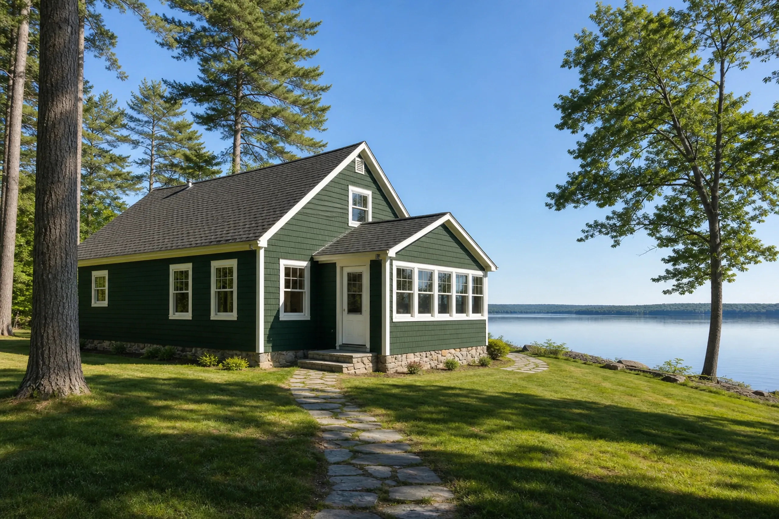 Green cottage in Hudson, Maine: A green-sided cottage with white trim and dark gray roof sits on a sloped lawn near a lake, with tall trees surrounding it.