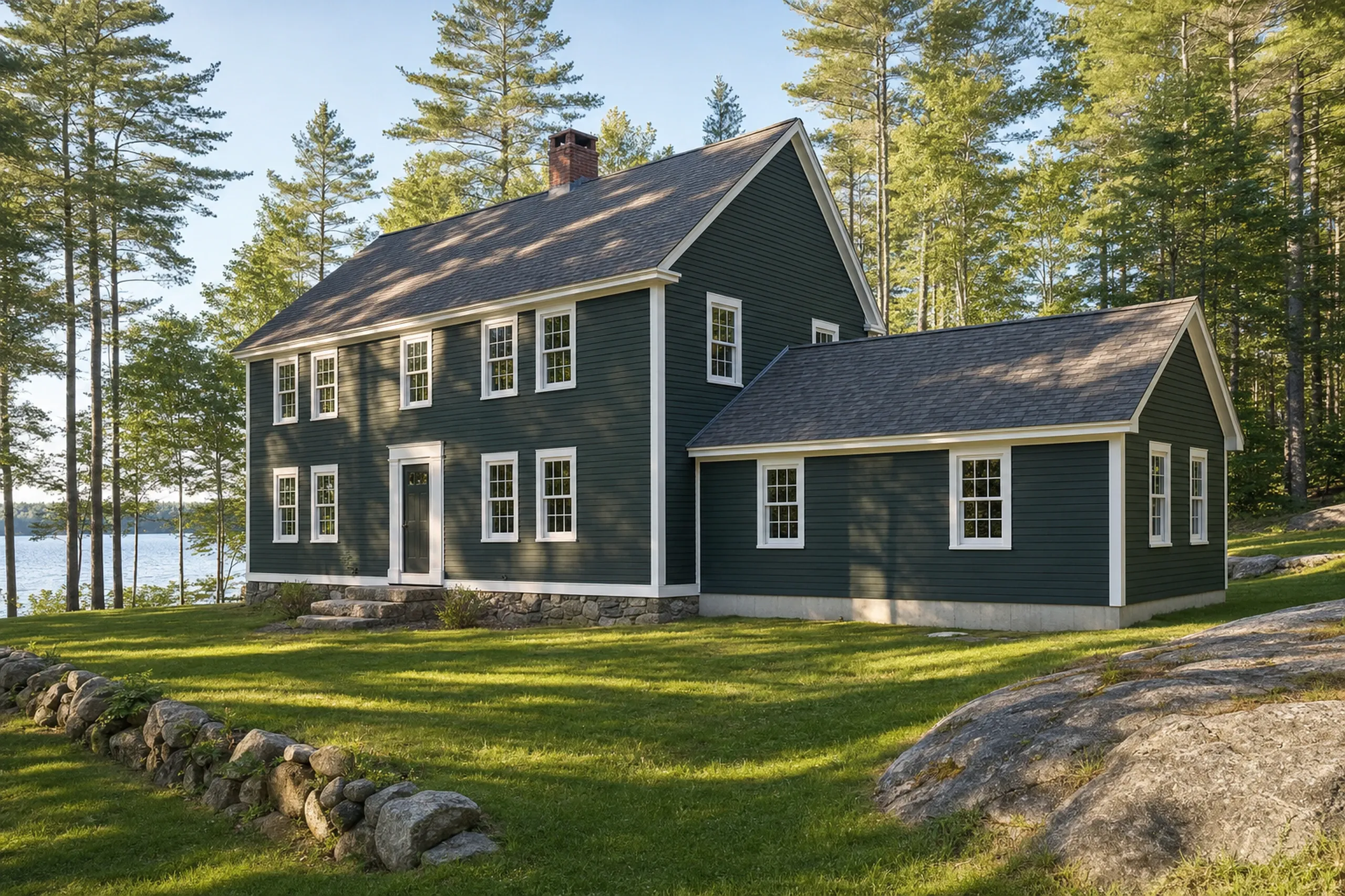 General contractor in Hudson, ME: Dark green two-story house with white trim and dark roof surrounded by pine trees and lawn near water.