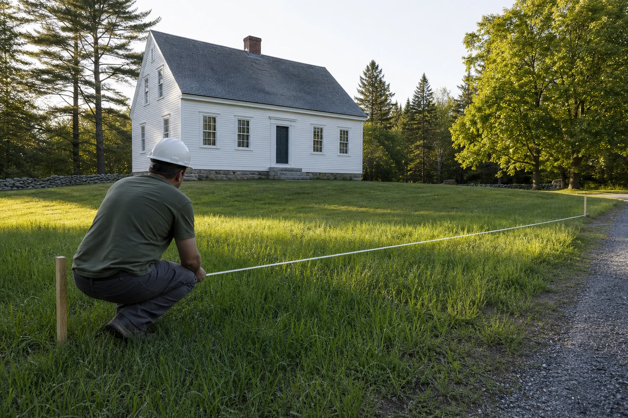 Historic home survey in Hudson, ME: A surveyor in a hard hat crouches while measuring the front of a white wood-sided colonial house with a dark roof and stone foundation, surrounded by grass and evergreen trees.