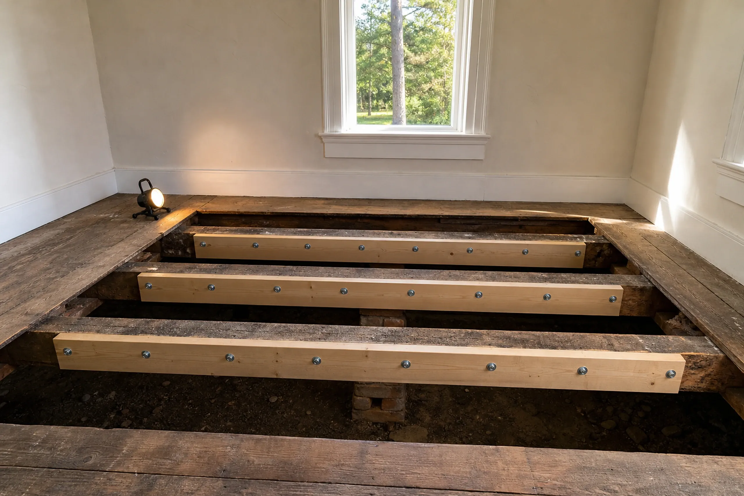 Flooring Installation in Hudson, Maine: Interior room with new wooden floor joists and beams installed over subfloor, cream walls, and window overlooking trees.