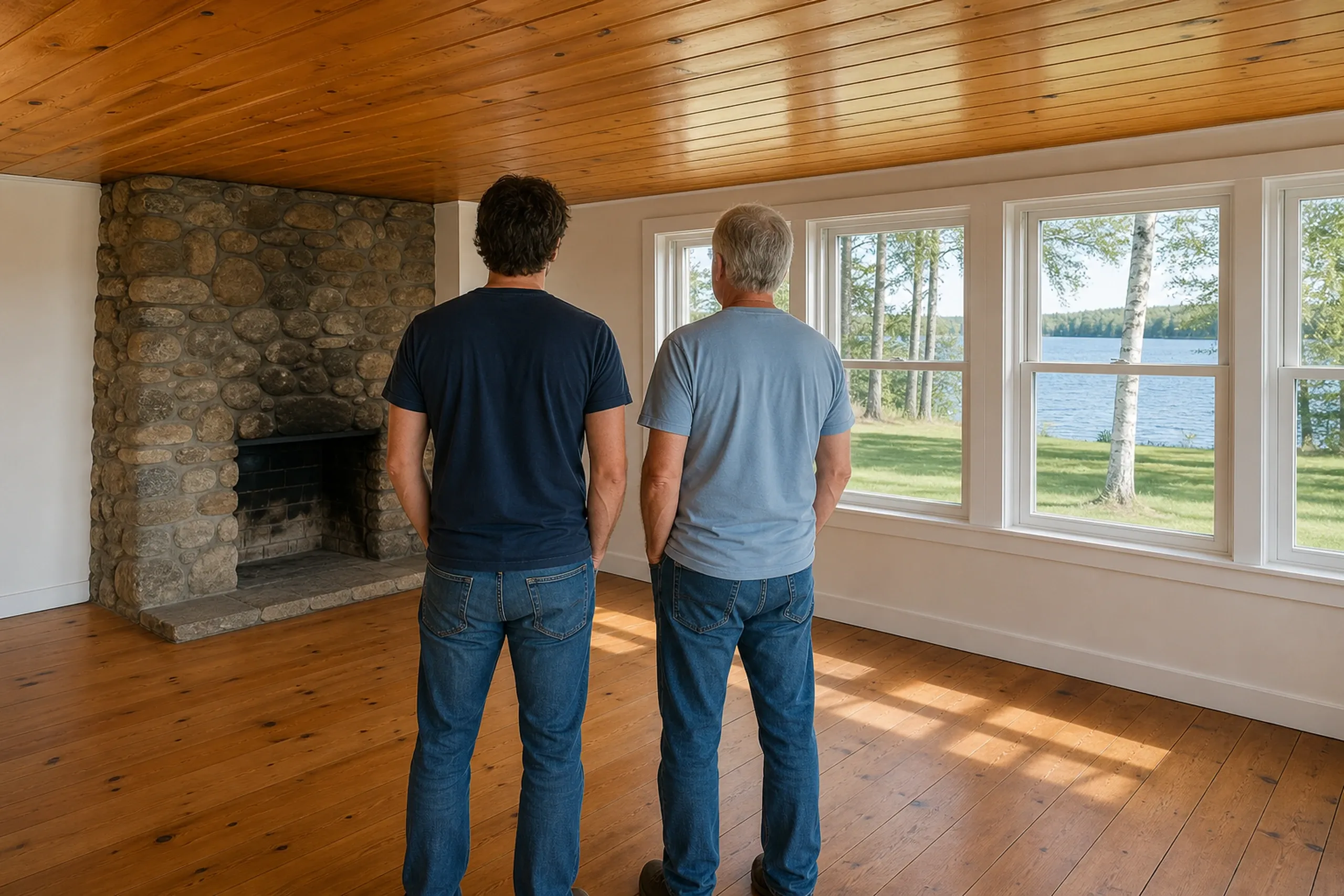 Interior home inspection in Hudson, Maine: Two men standing in wooden-floored room with stone fireplace, wooden ceiling, and large windows overlooking water and trees.