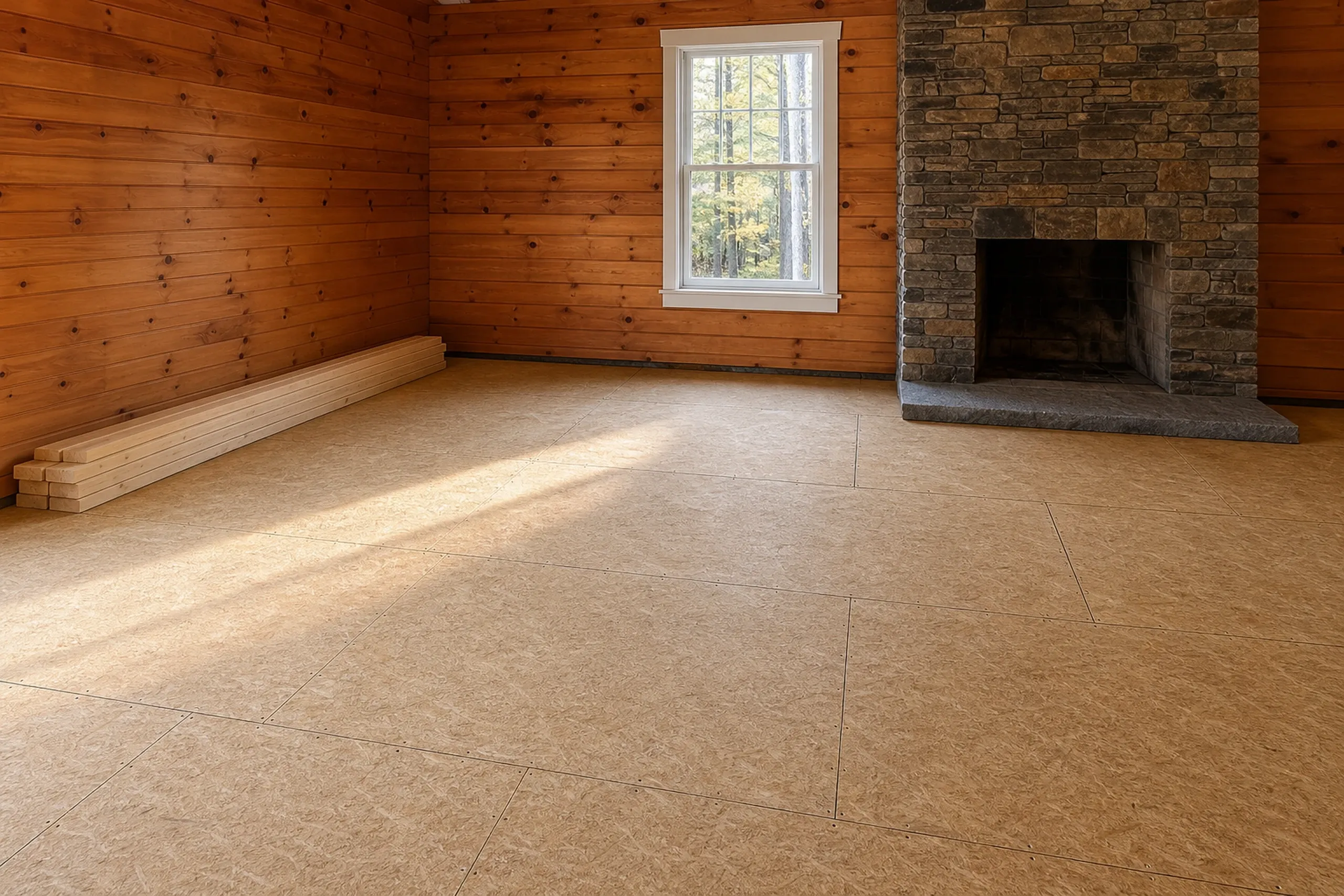 Log cabin interior in Hudson, ME: Empty room with wood plank walls, stone fireplace, cork flooring, window with forest view, and wooden baseboard trim.