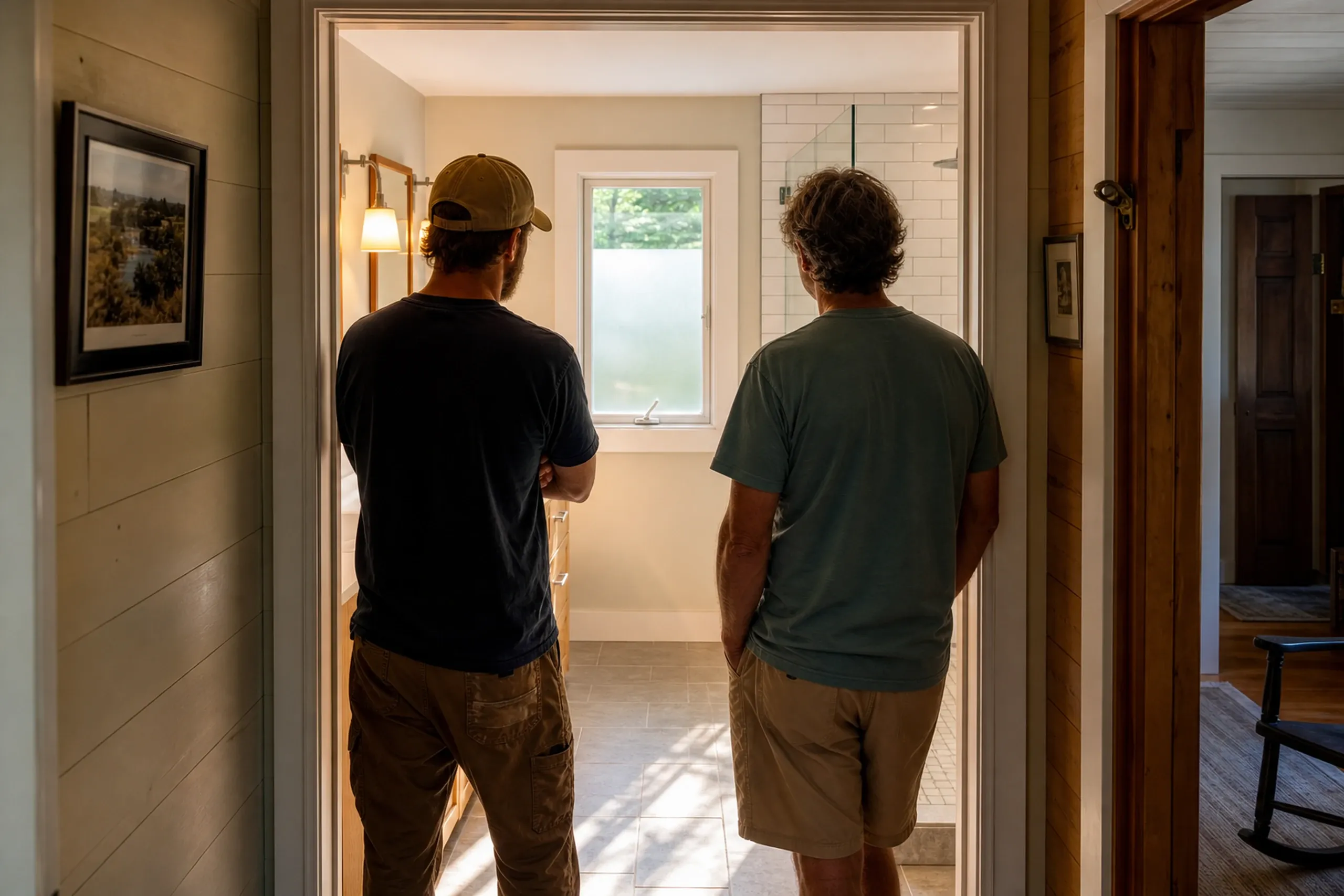 Interior bathroom renovation in Hudson, Maine: Two men viewing newly installed white subway tile walls and window in a residential bathroom renovation project.