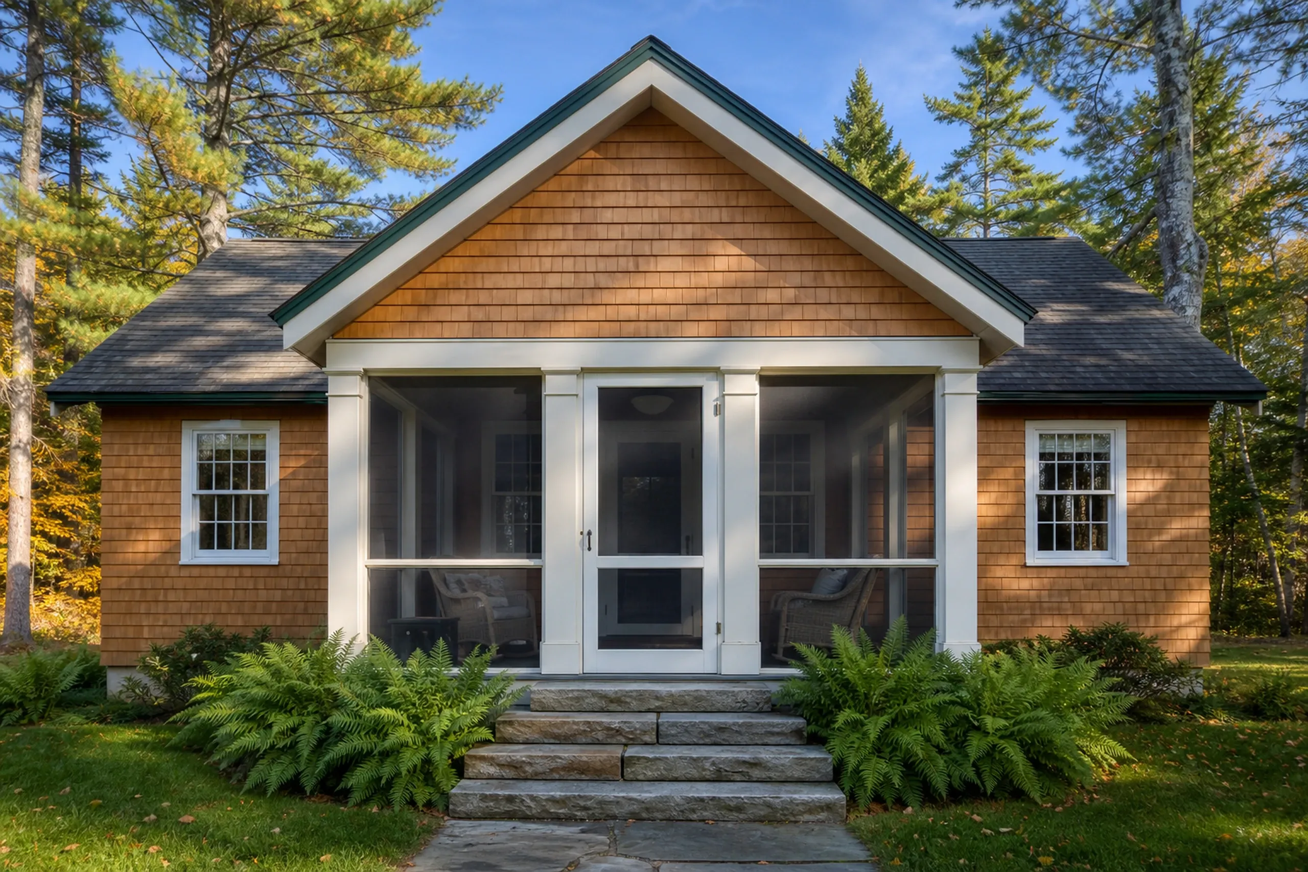 Modern cottage in Hudson, Maine: Single-story home with brown cedar shake siding, white trim, dark roof, screened porch with white columns, stone steps, ferns, surrounded by pine trees.