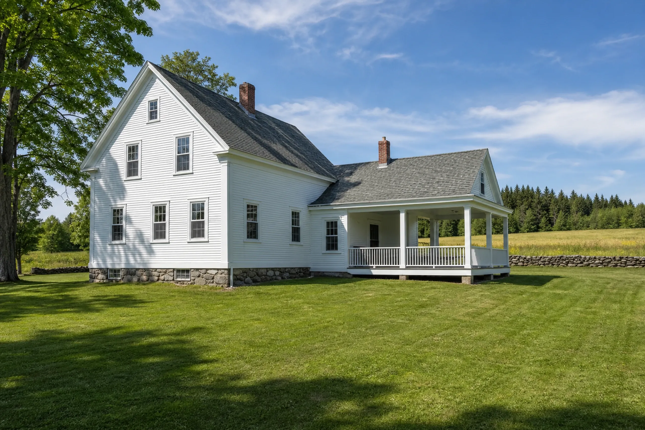 White farmhouse in Kenduskeag, ME: Two-story white vinyl-sided house with gray roof, brick chimneys, stone foundation, and white-railed front porch on grassy lawn with trees and fields.