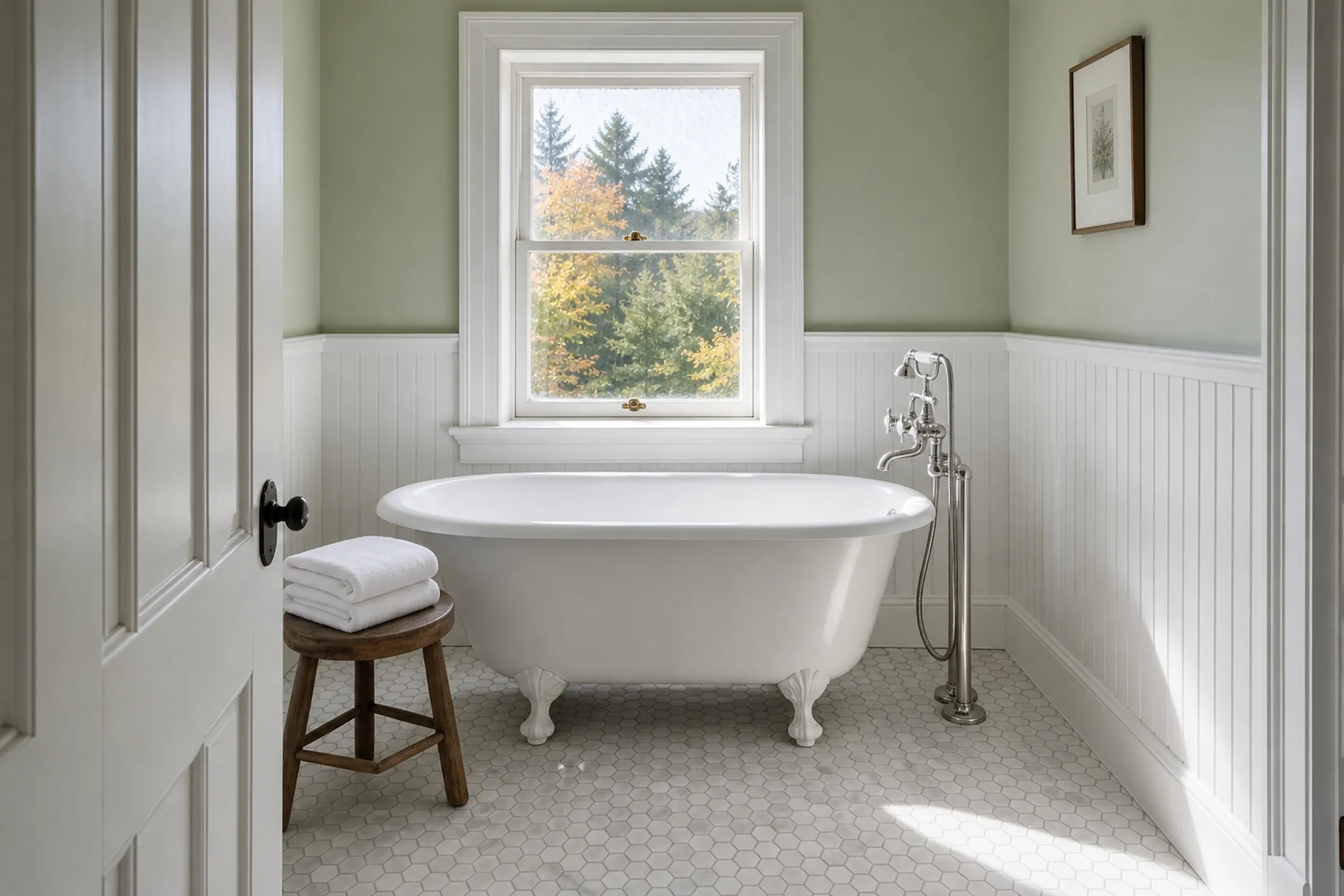Bathroom Interior in Kenduskeag, ME: White clawfoot bathtub with white beadboard wainscoting, large window overlooking forest, hexagonal tile flooring, wooden stool with towels.