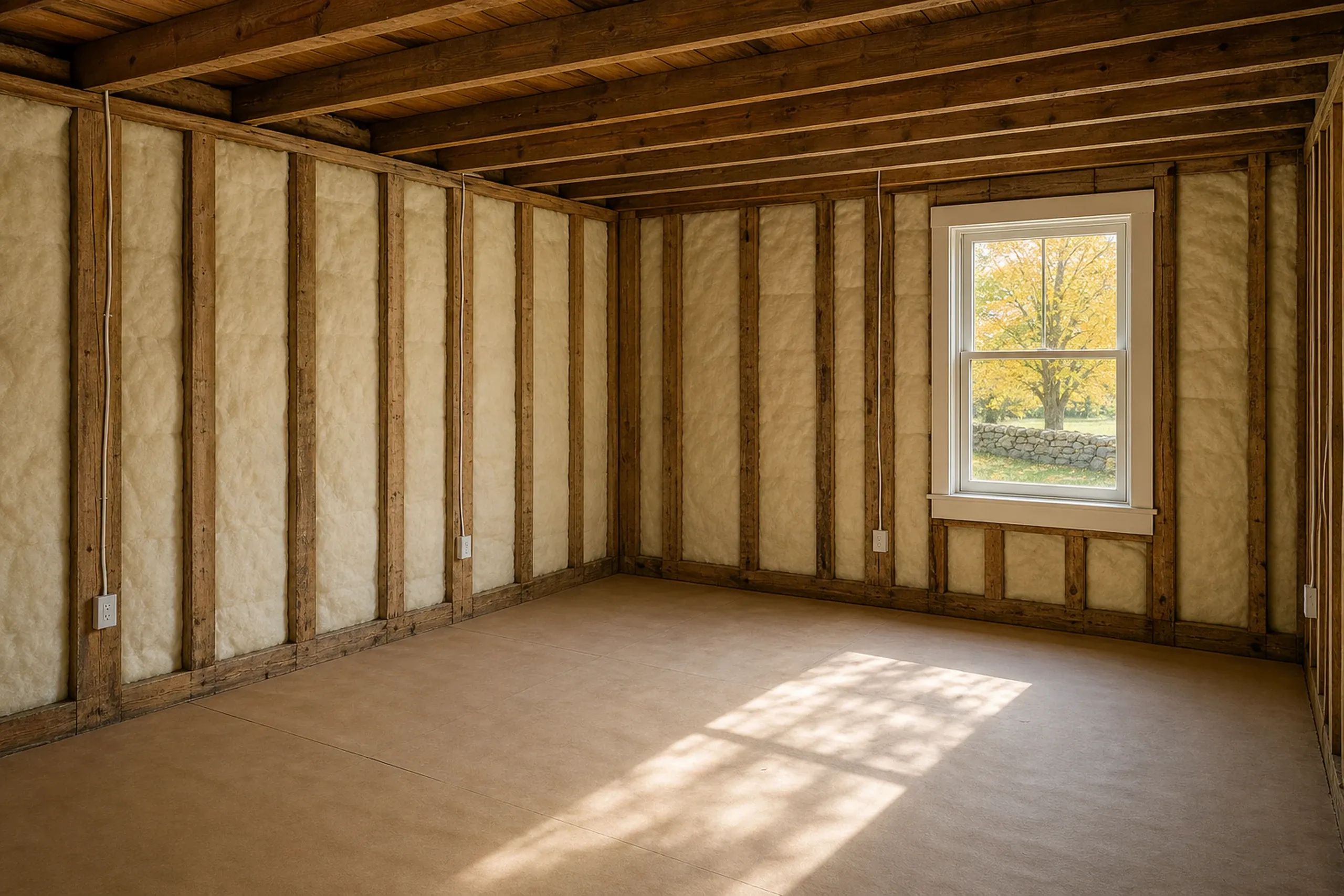 Unfinished interior room in Kenduskeag, ME: Empty room with exposed wood framing, tan insulation, wooden beams, concrete floor, and window showing autumn landscape outside.
