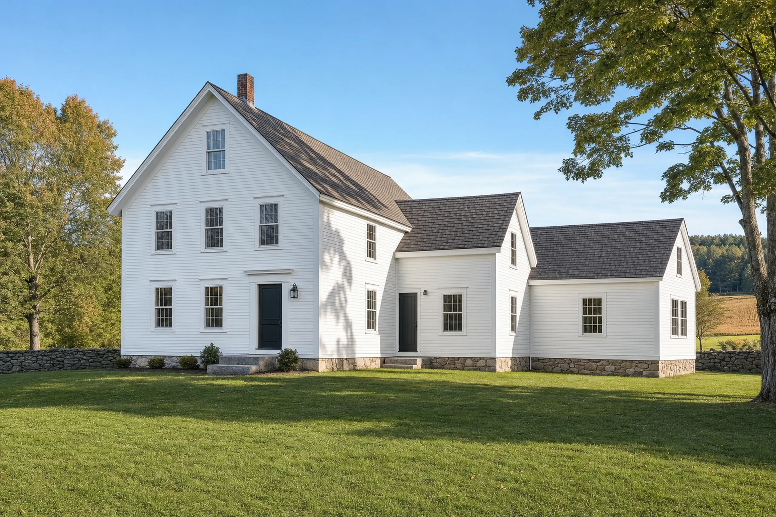 General contractor in Kenduskeag, ME: White farmhouse with multiple gabled sections, dark roof, stone foundation, and large lawn with trees.