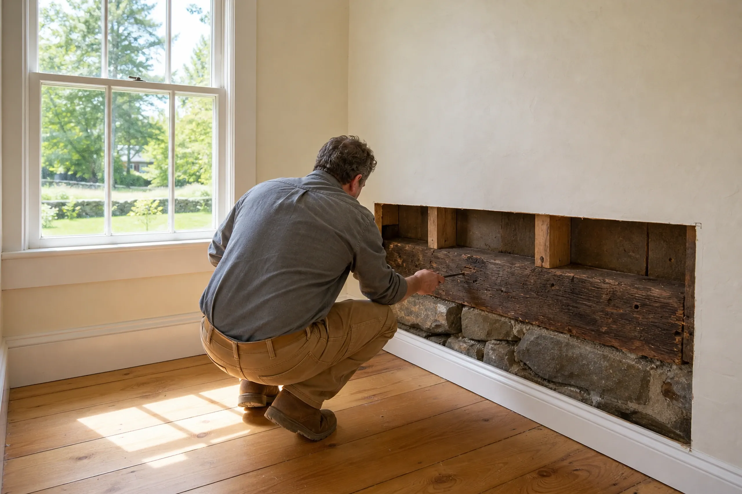 Historic home foundation inspection in Kenduskeag, ME: Man crouching to examine deteriorated wooden sill and stone foundation inside room with cream walls, wooden floors, and large window overlooking green landscape.