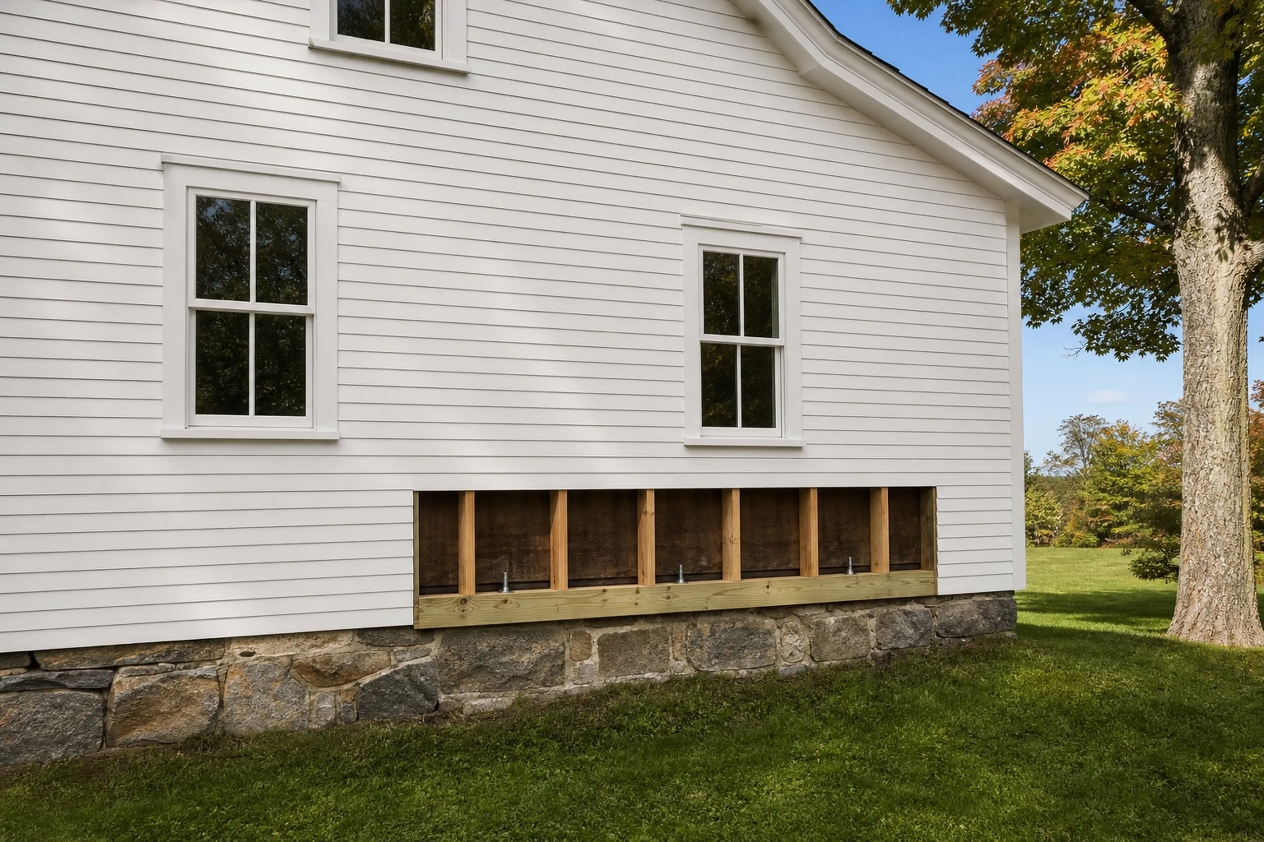 Modern farmhouse in Kenduskeag, ME: White vinyl-sided house with stone foundation, wooden basement window wells, two upper windows, clear blue sky, large tree, and green lawn.