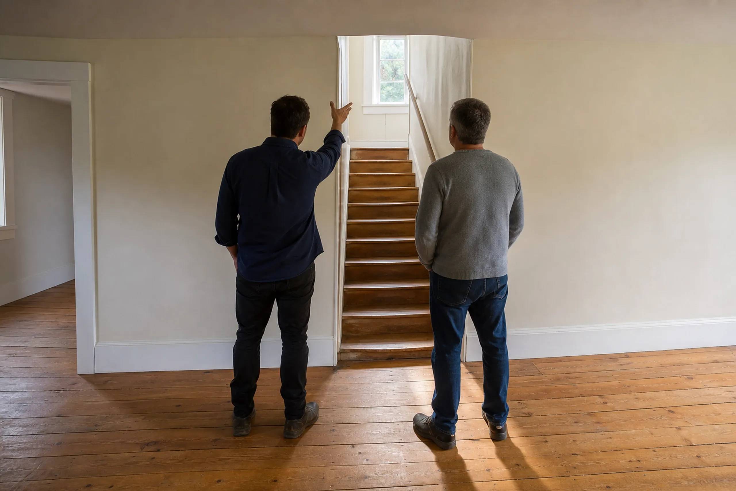 Interior staircase renovation in Kenduskeag, Maine: Two men stand in an empty room with wooden floors, viewing wooden stairs with white trim and a window above.