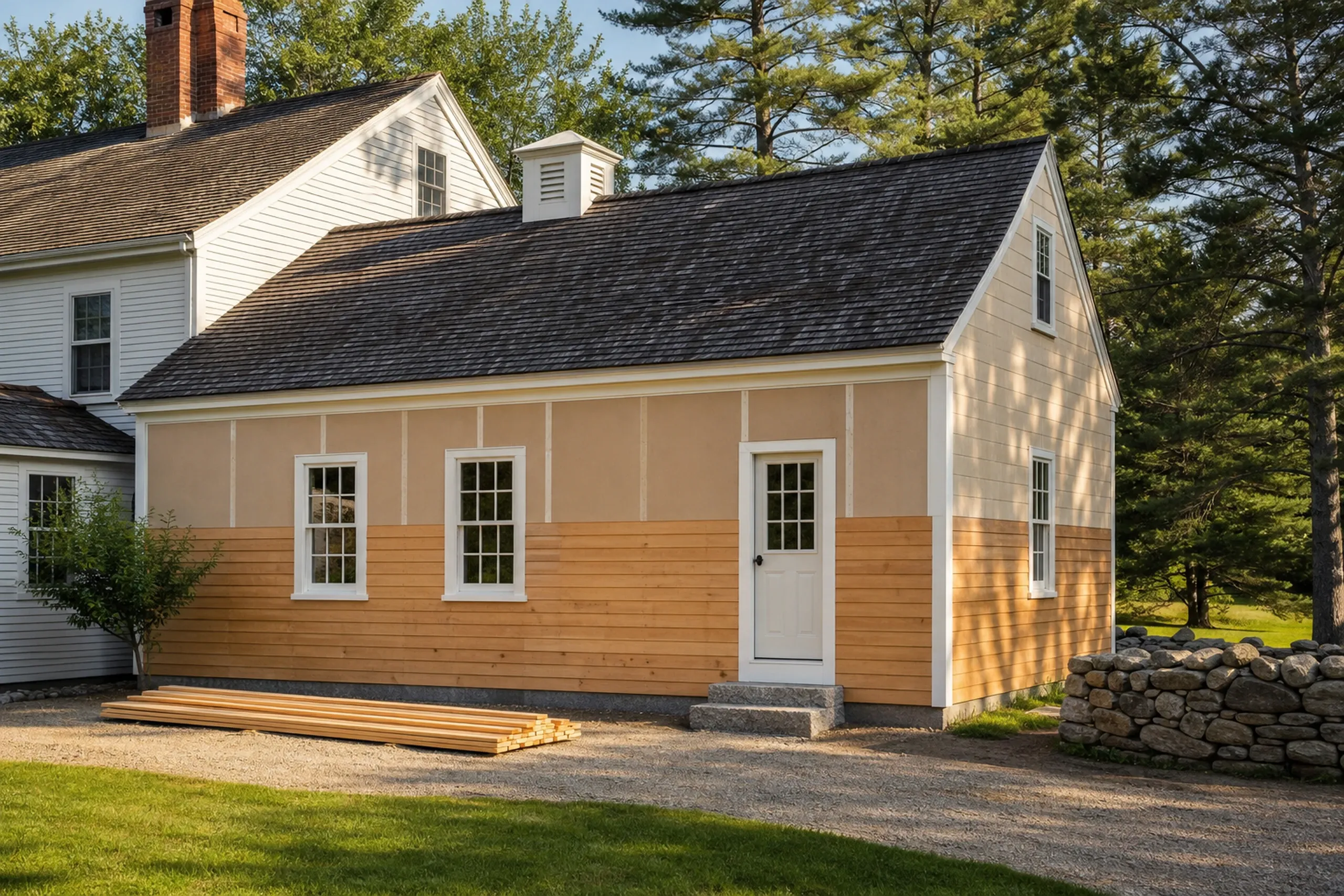 New cottage addition in Kenduskeag, ME: Single-story building with tan and cedar-colored horizontal siding, white trim, dark roof, three windows, white door, attached to white house, surrounded by trees.