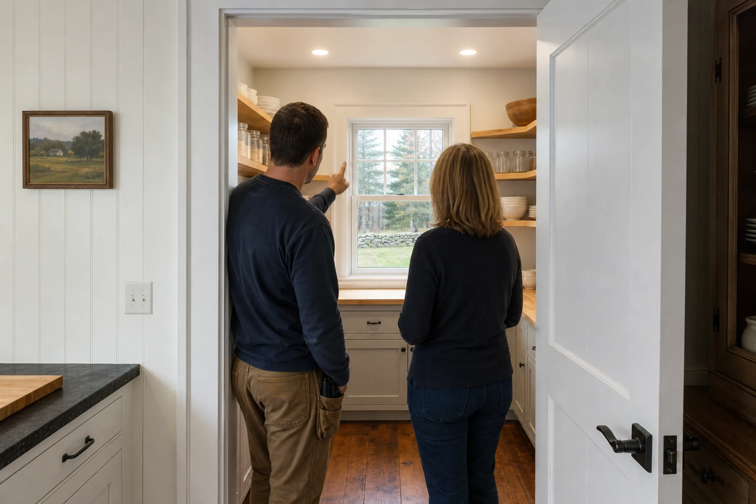 Kitchen remodel in Kenduskeag, ME: Two people viewing white cabinetry and wooden shelving in a renovated kitchen with large window overlooking rural landscape.
