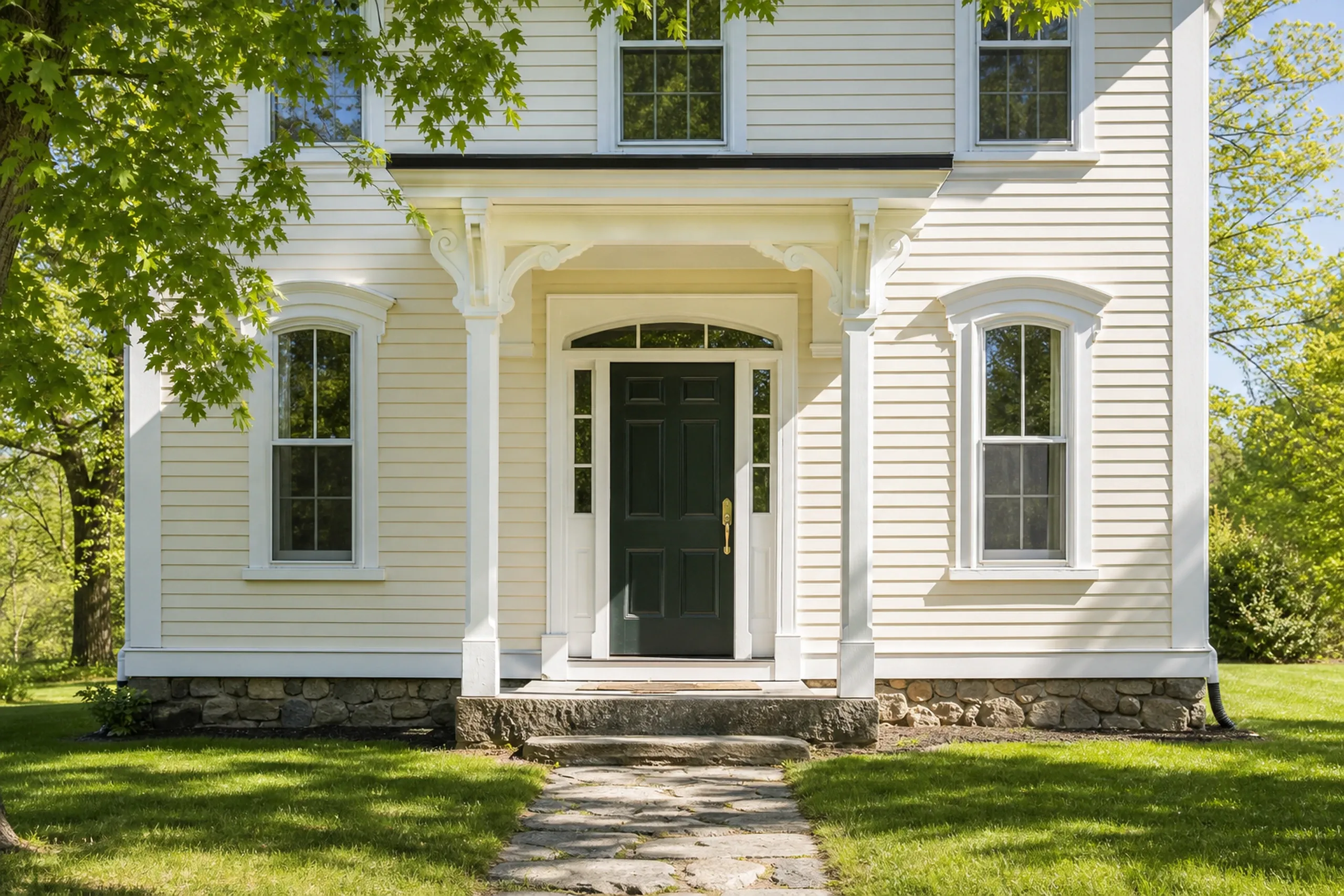 Renovated colonial home in Kenduskeag, ME: White clapboard siding with white trim and columns, black front door, stone foundation, stone walkway, green lawn, trees.