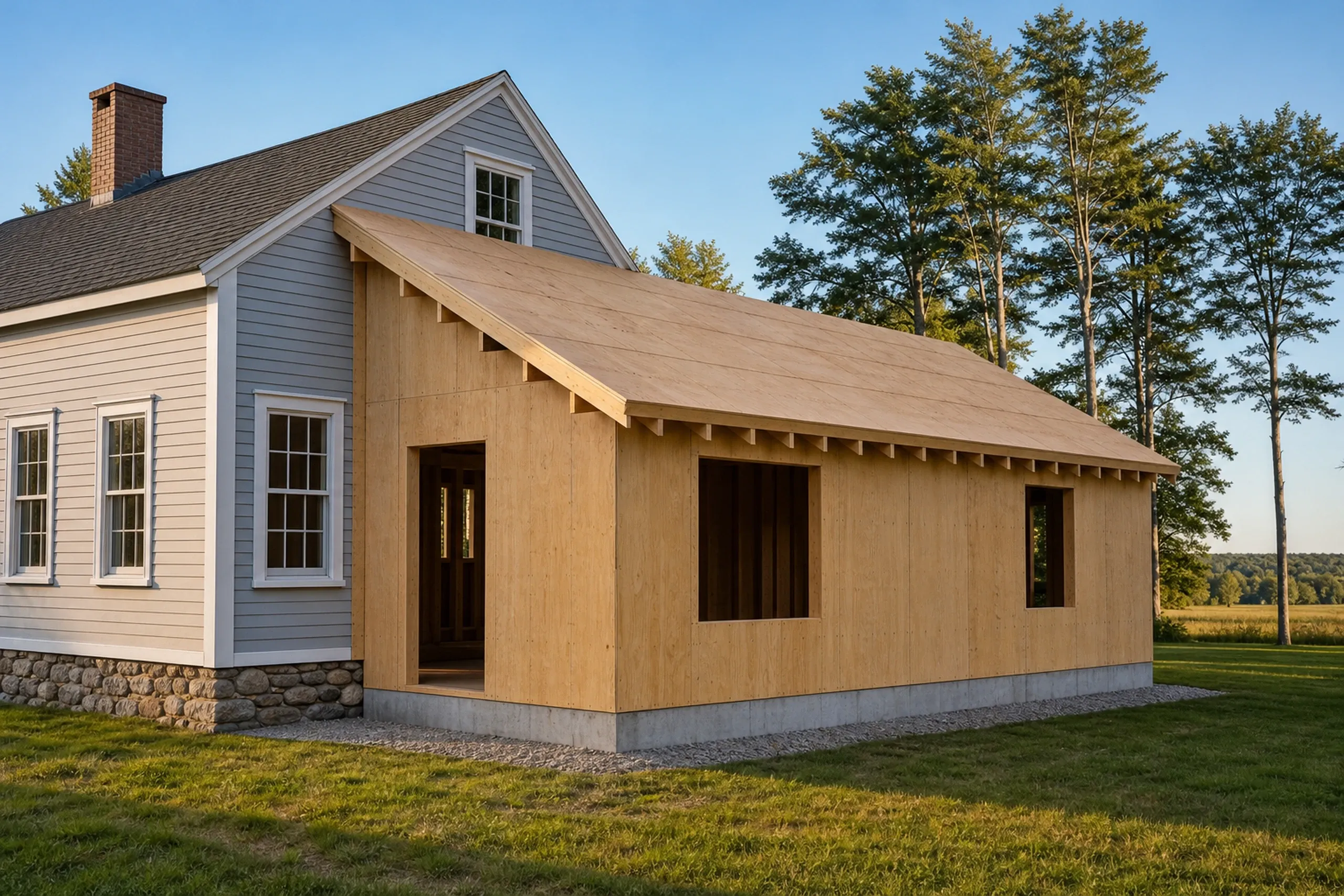 New addition to farmhouse in Levant, ME: Wood-sided addition with large windows attached to white-sided house with brick chimney, set on rural property with tall trees.