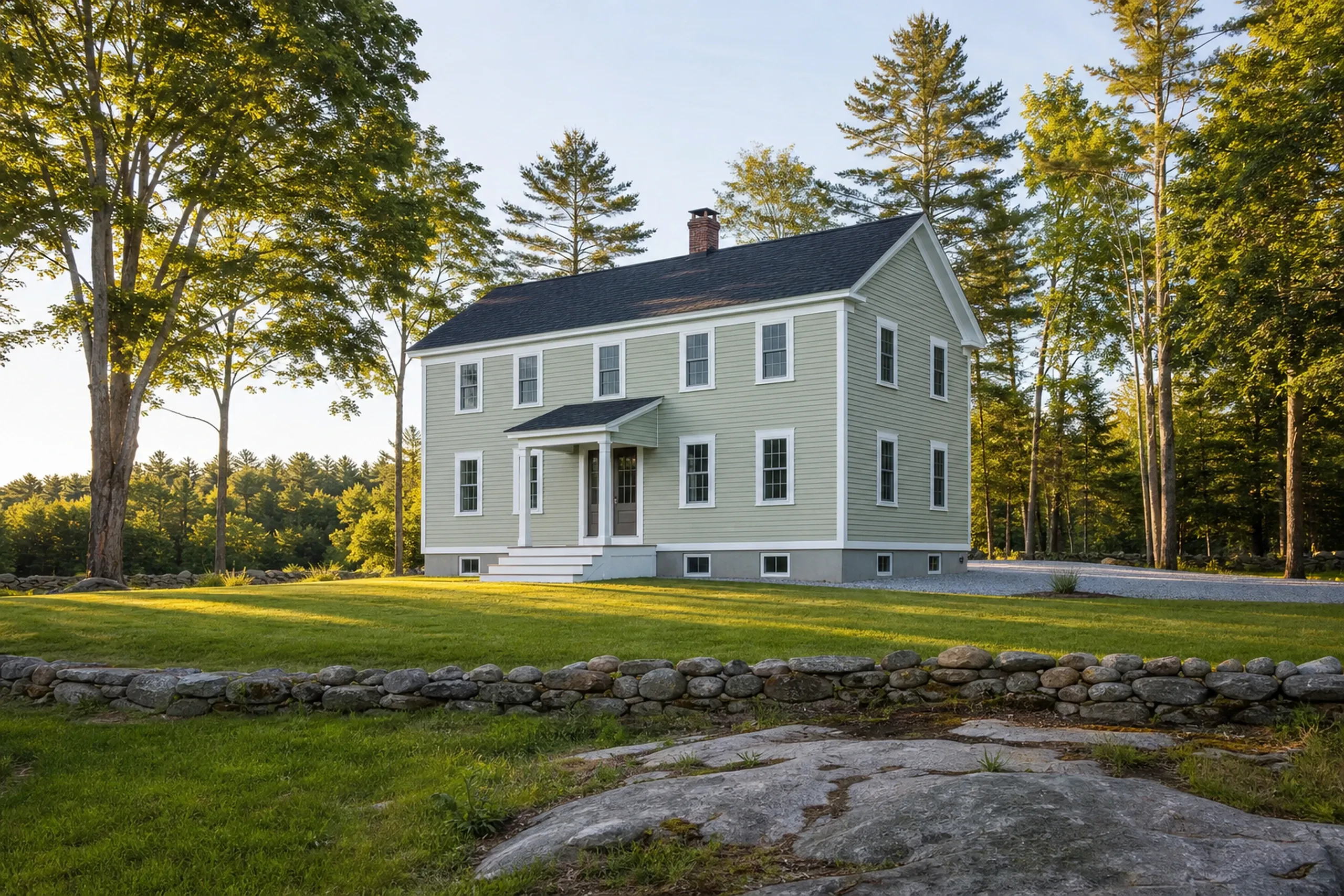 Re-sided colonial in Levant, ME: Two-story white vinyl-sided house with black roof and white trim surrounded by evergreen and deciduous trees, stone wall, and lawn.