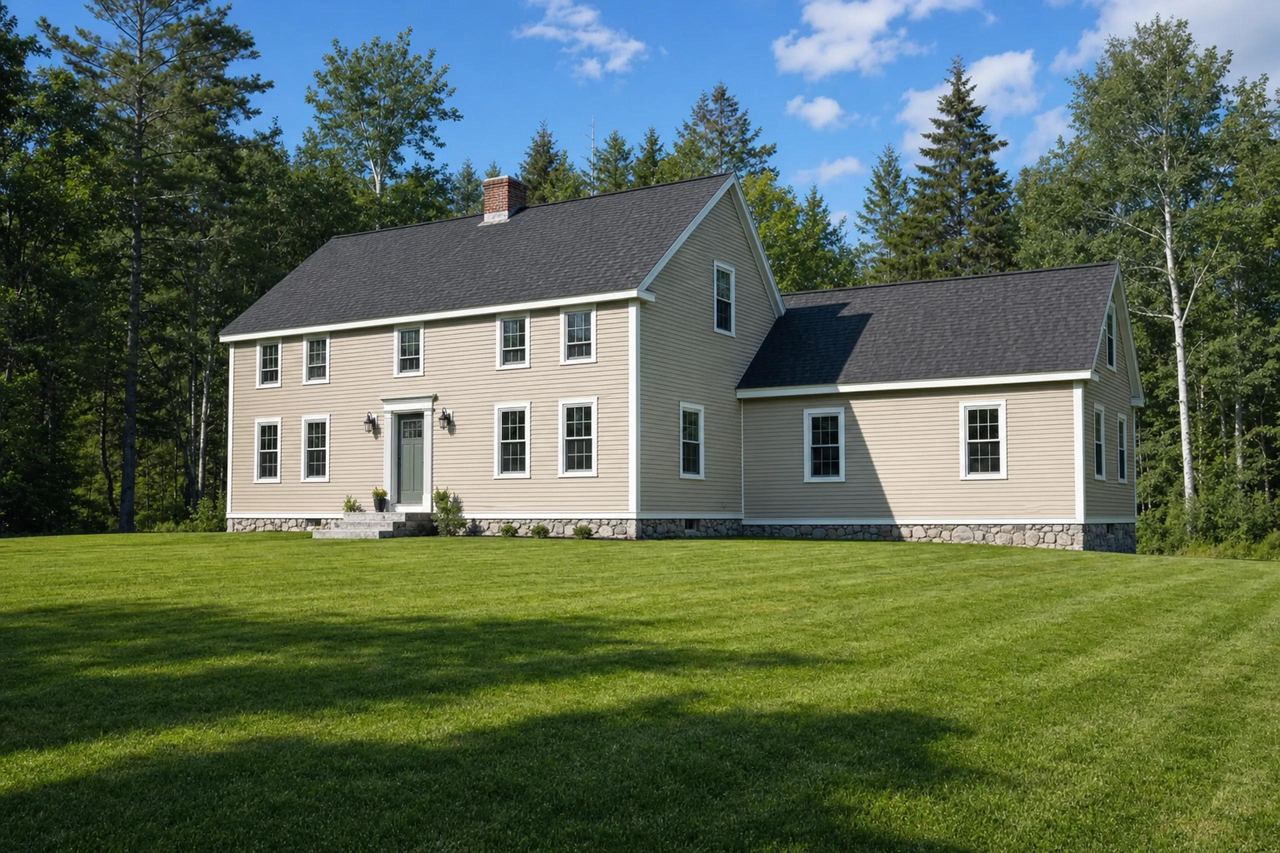 General contractor in Levant, ME: Two-story colonial house with cream-colored vinyl siding, dark gray roof, stone foundation, brick chimney, surrounded by green lawn and evergreen trees under blue sky.