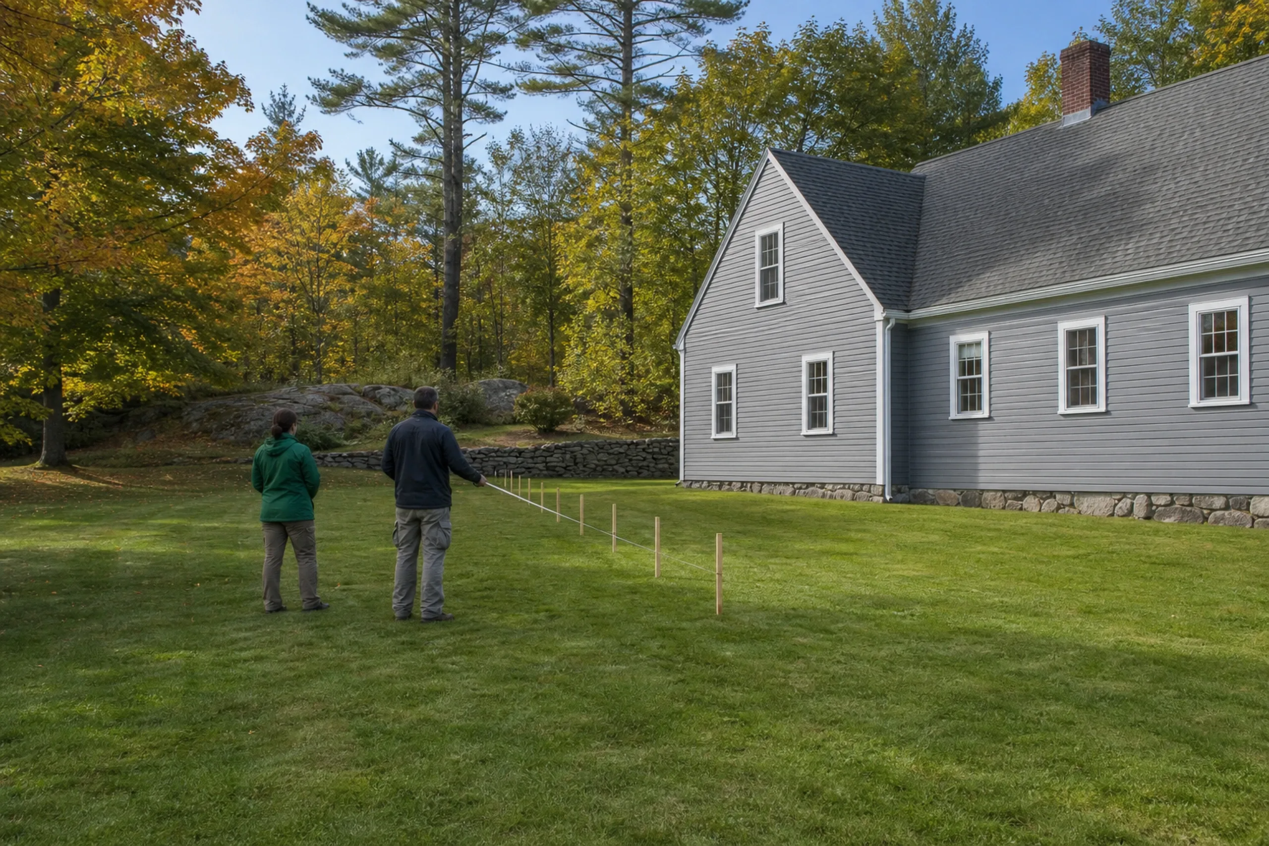 Colonial home in Levant, Maine: Two people stand in yard facing white-sided house with dark roof, stone foundation, multiple windows, and brick chimney, surrounded by fall foliage.