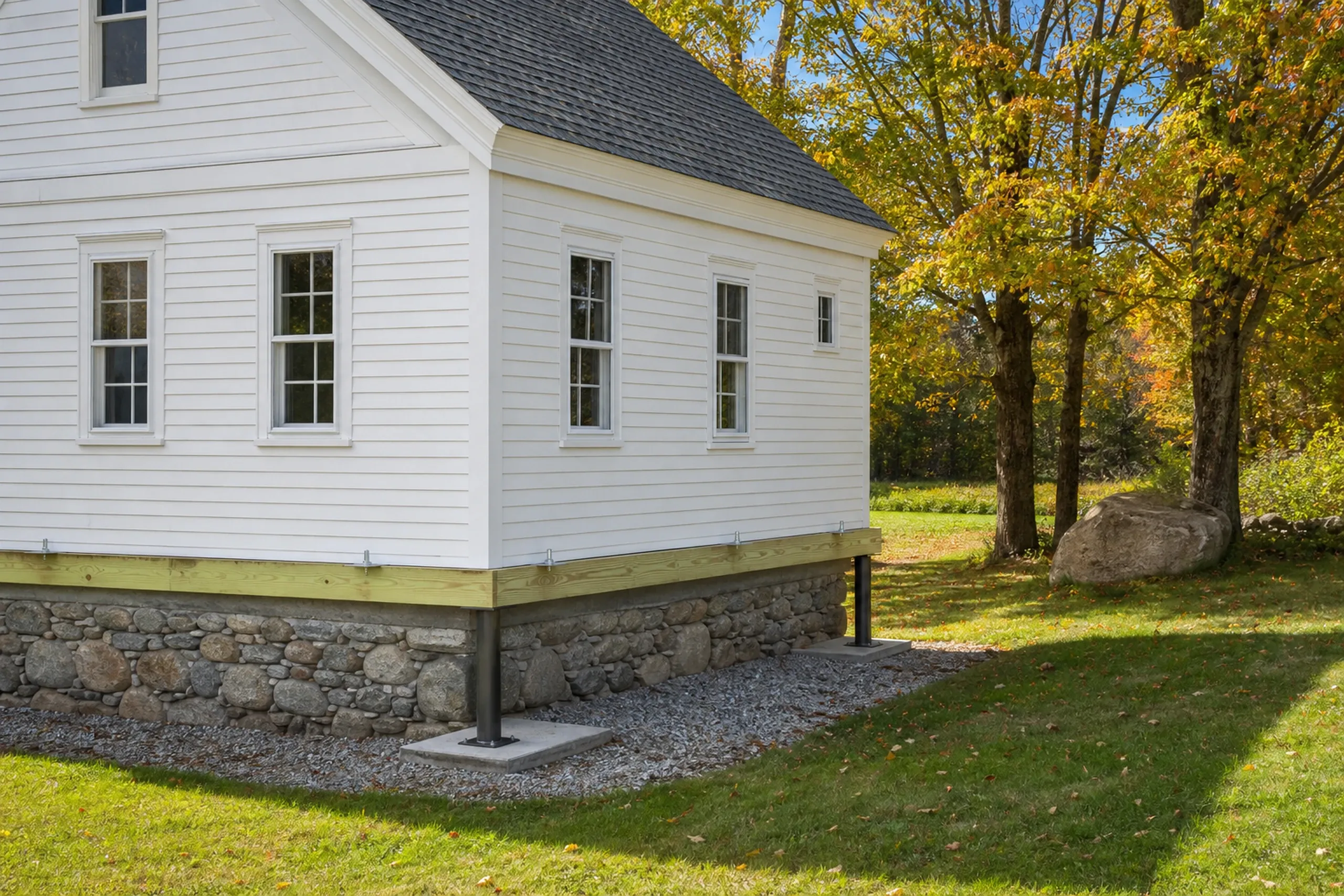 White house with stone foundation in Levant, ME: A white-sided house with dark roof sits on a stone foundation surrounded by autumn trees and grass.
