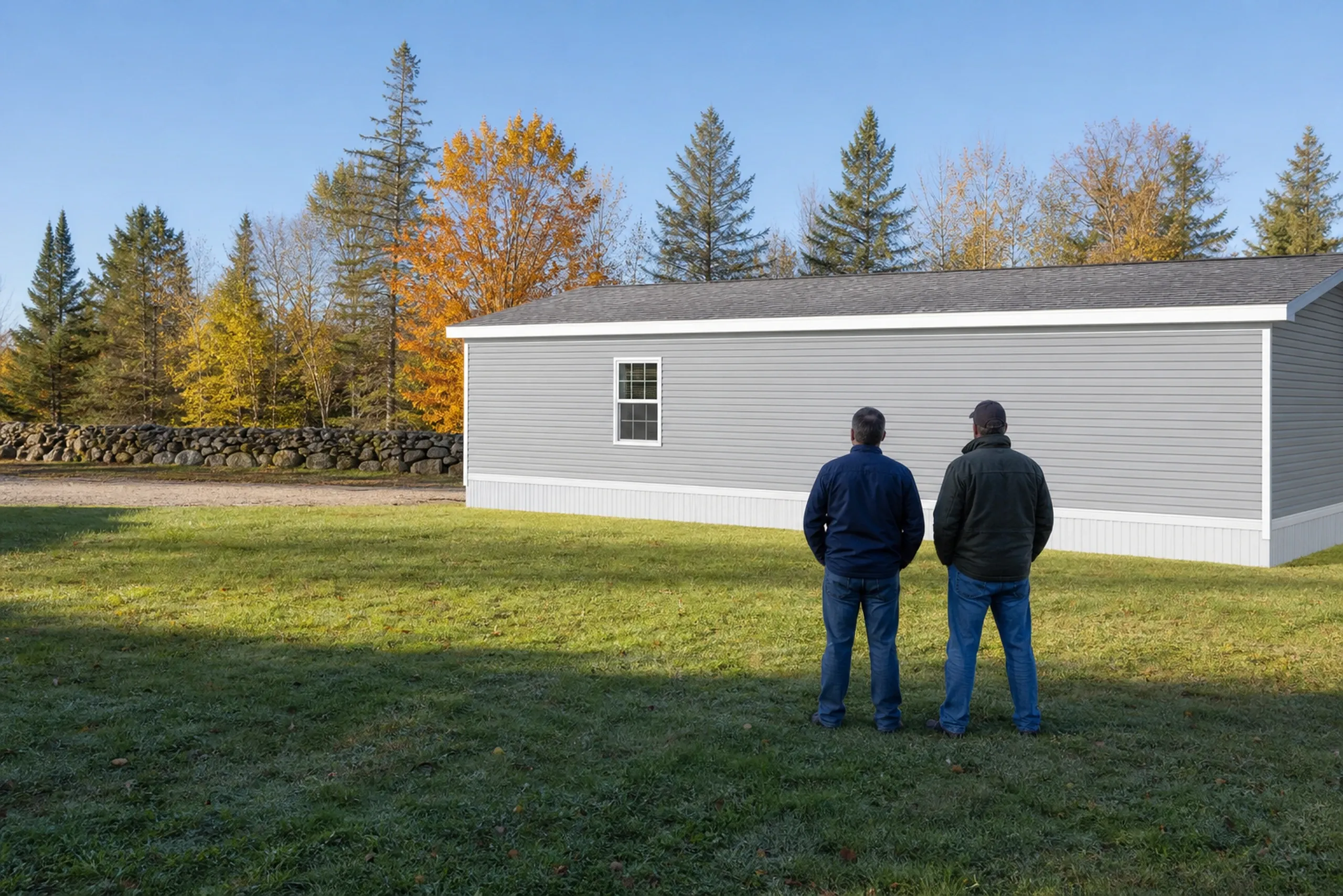 White mobile home in Levant, ME: Two men in jackets stand on a lawn facing a single-wide manufactured home with white vinyl siding, gray roof, and one window. Evergreen and deciduous trees in fall colors line the background.