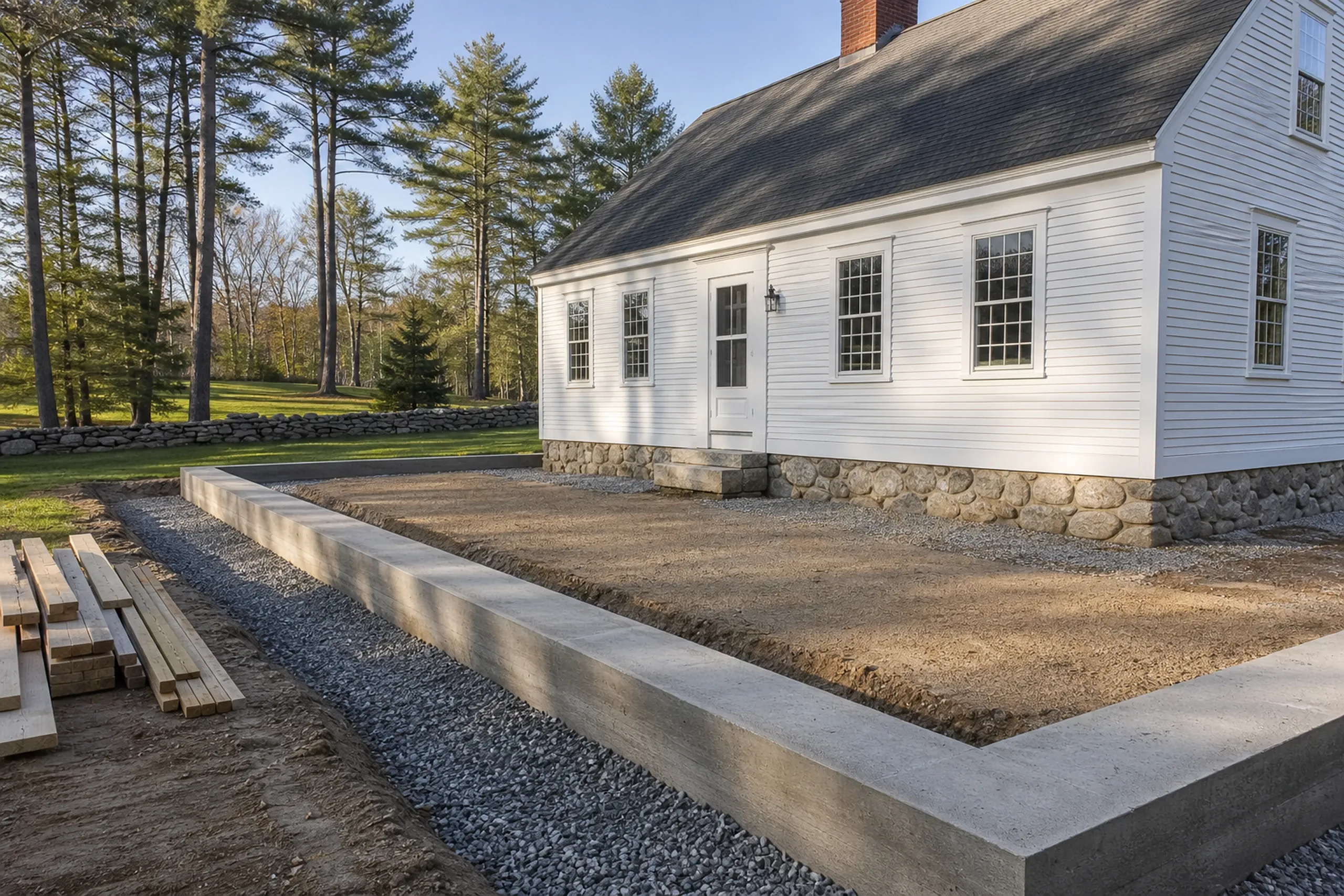 White Colonial Home Under Construction in Levant, ME: A white-sided colonial house with dark roof and stone foundation sits on a gravel lot bordered by concrete edging, surrounded by pine trees under clear sky.