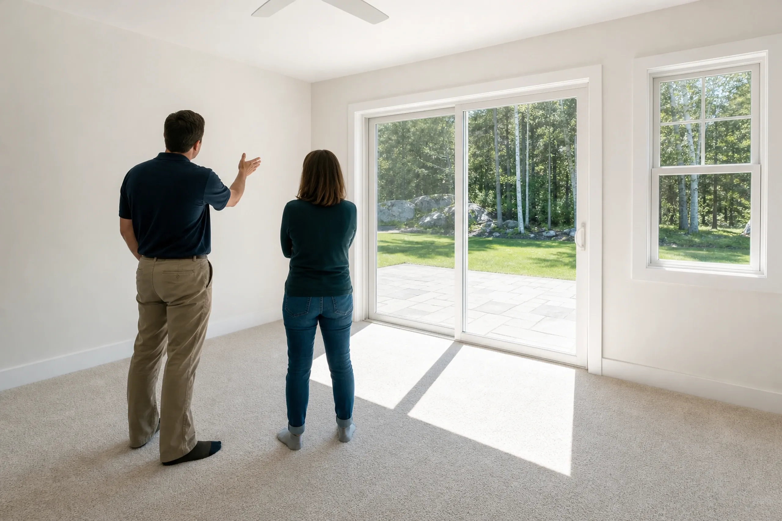 Interior room with white walls and carpet in Levant, ME: Two people standing in empty room looking at white trim around large glass doors and windows with view of wooded yard.