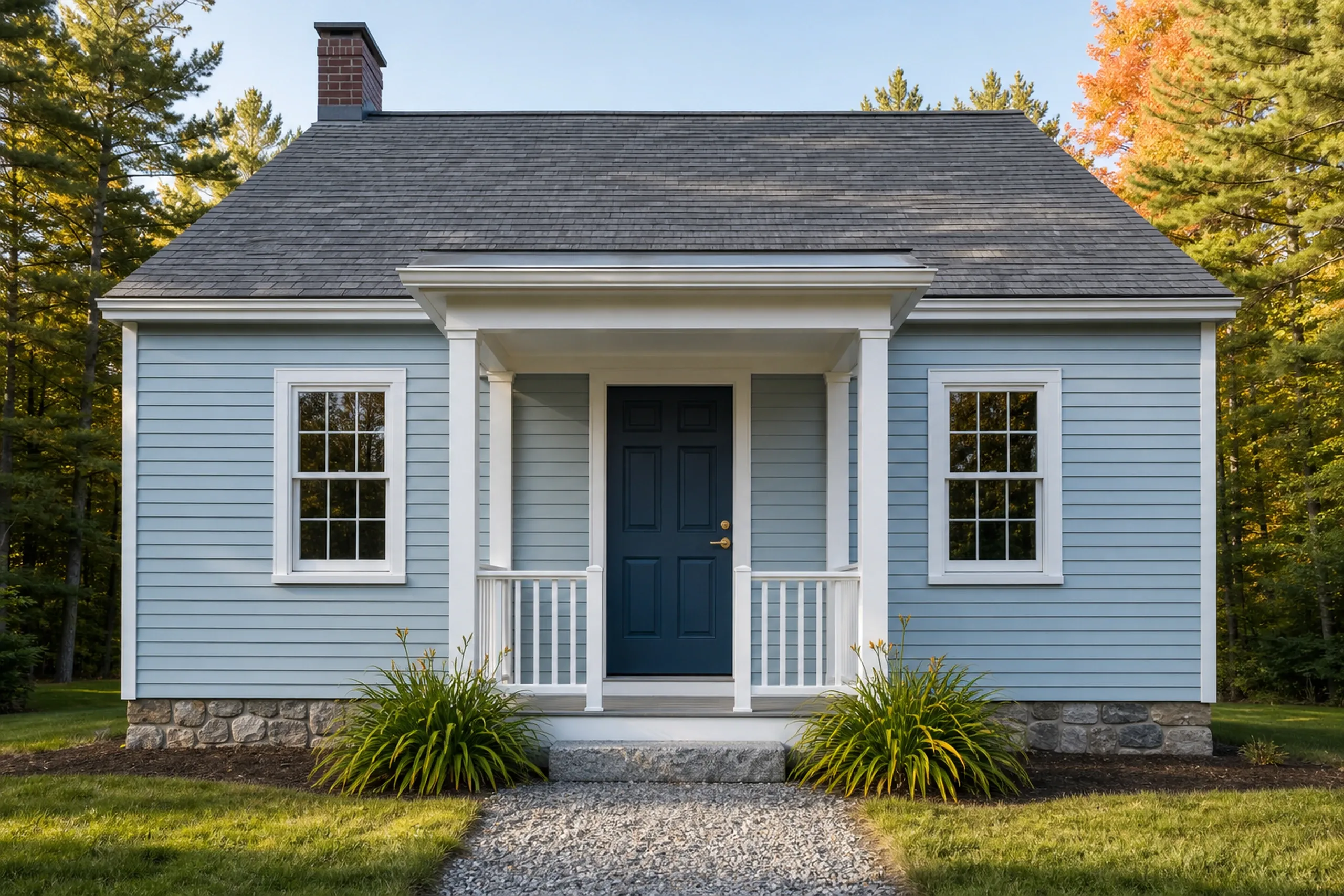 Small cottage in Levant, Maine: Light blue single-story house with white trim, dark blue front door, gray roof, stone foundation, two front windows, covered porch, and ornamental grasses, surrounded by trees.