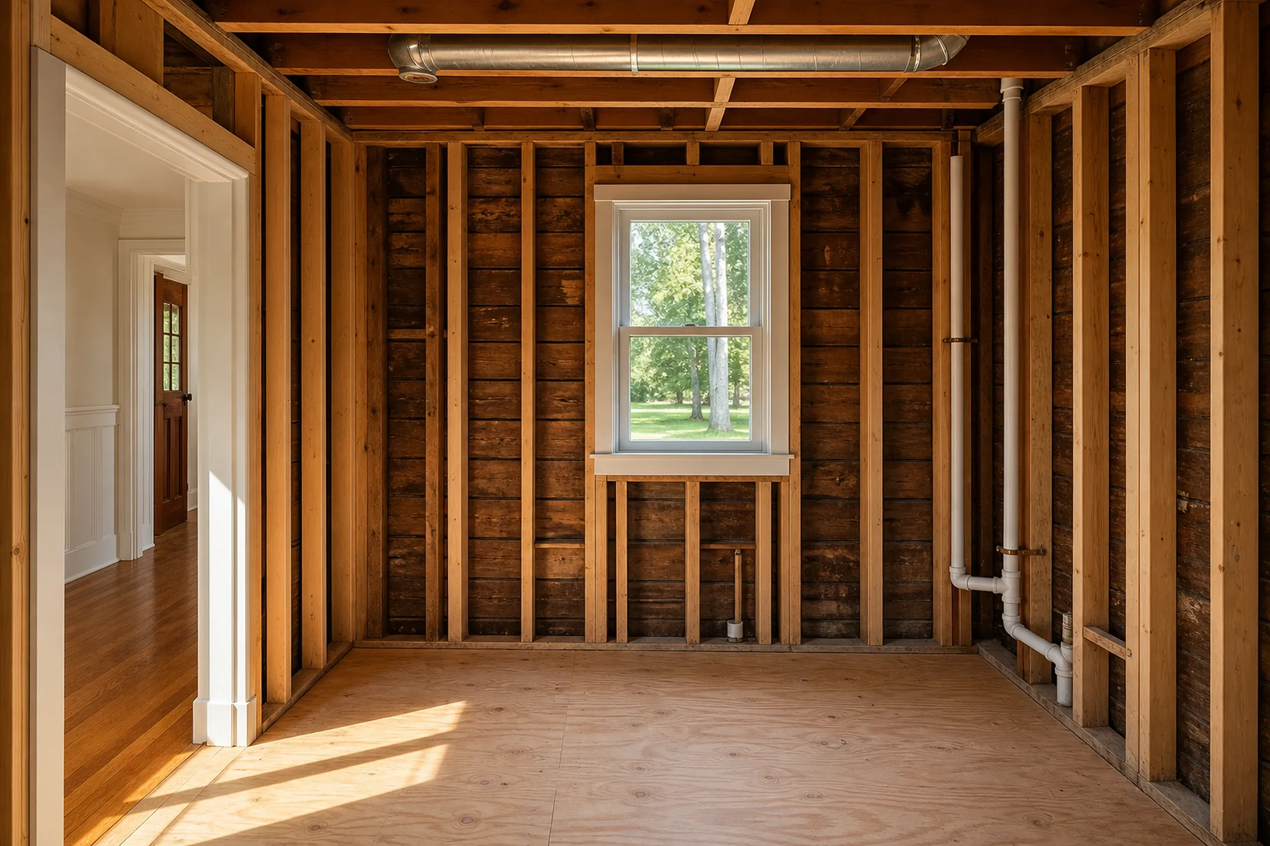 Interior renovation in Milford, Maine: Empty room with exposed wooden framing, log cabin walls, hardwood flooring, white trim door, and window showing green landscape outside.
