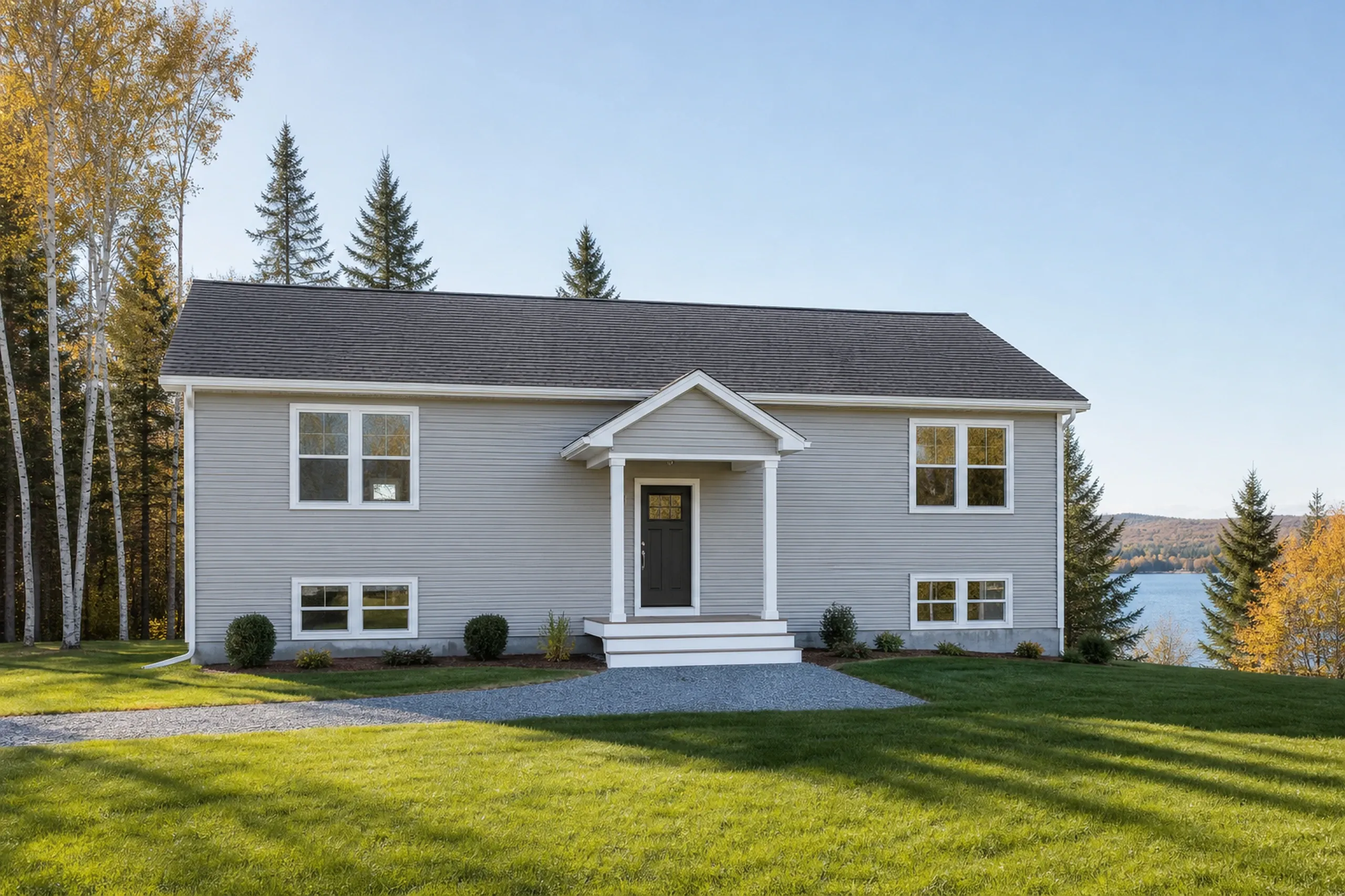 New construction home in Milford, Maine: White vinyl-sided ranch with dark gray shingle roof, white trim, covered entry, and gravel driveway on lawn with trees and water view.