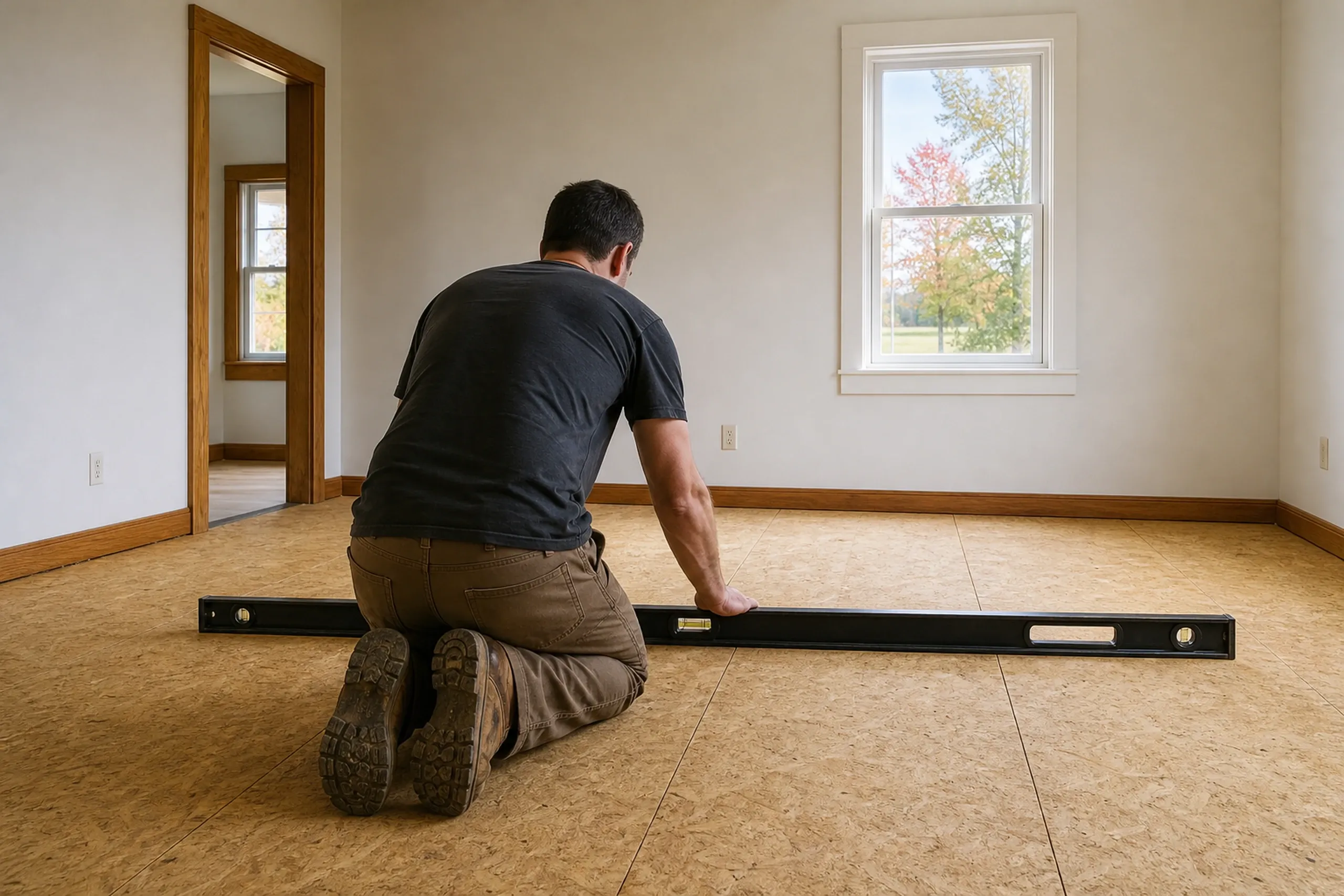 Interior flooring installation in Milford, Maine: Man kneeling on cork floor indoors, holding level tool, with wooden trim and windows visible.