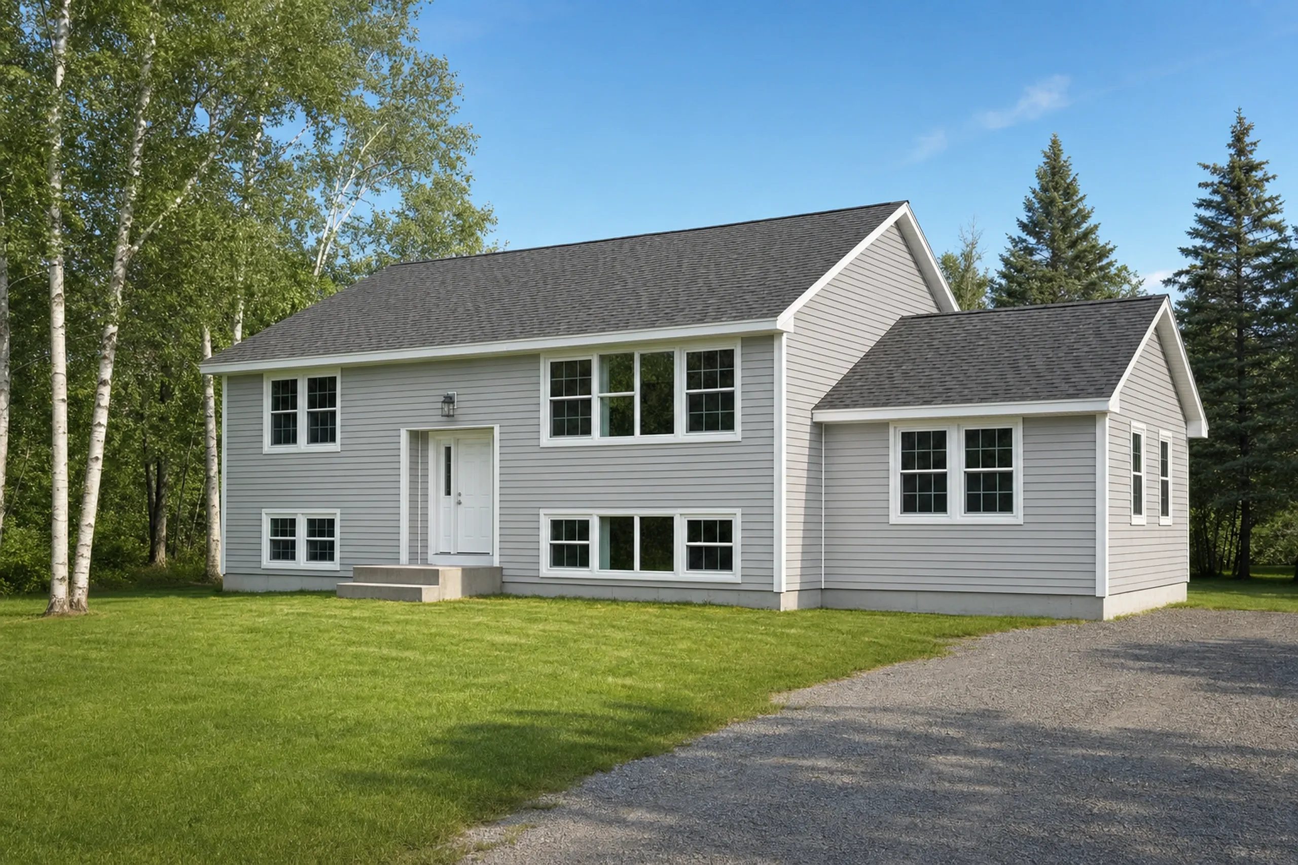 General contractor in Milford, ME: White vinyl-sided two-story house with gray roof, white trim, large windows, and attached garage on gravel driveway surrounded by trees and lawn.