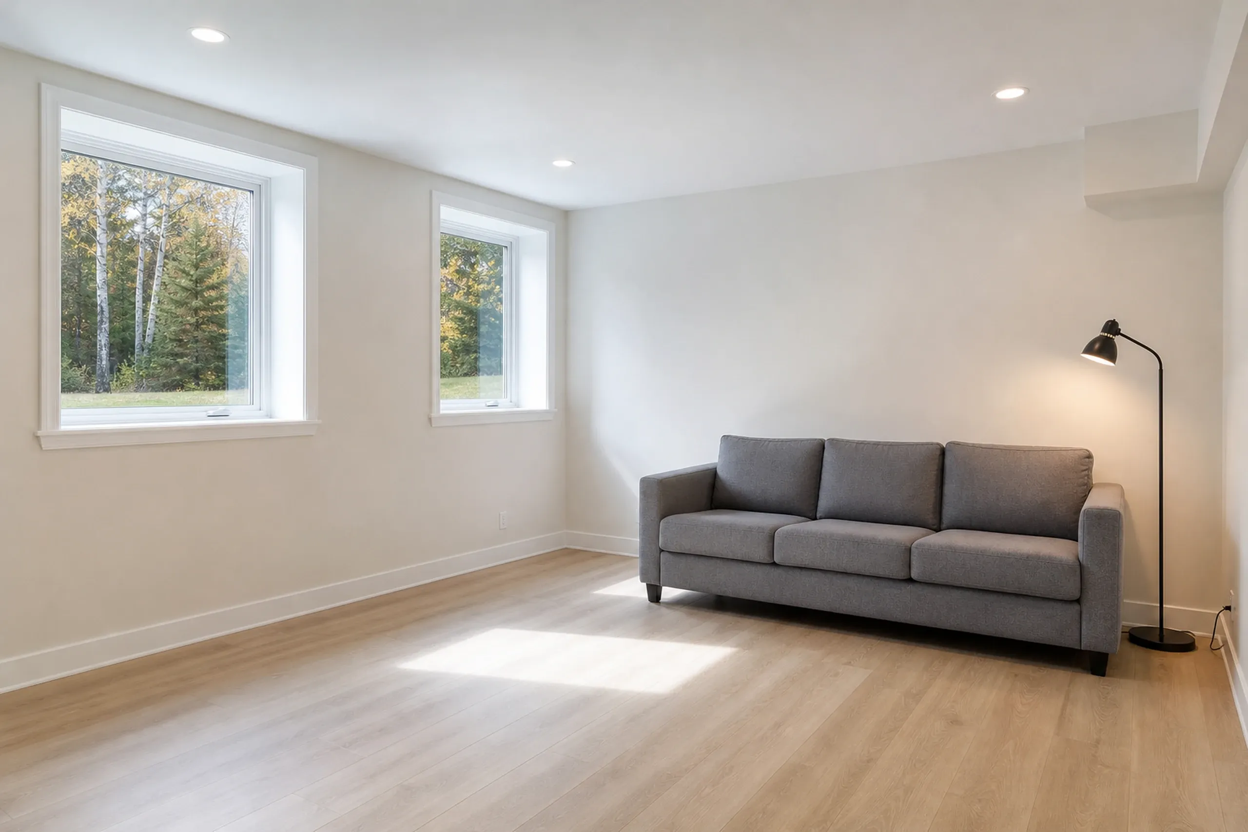 Modern living room in Milford, Maine: Bright interior with gray sofa, wood flooring, cream walls, two large windows overlooking trees, and black floor lamp.