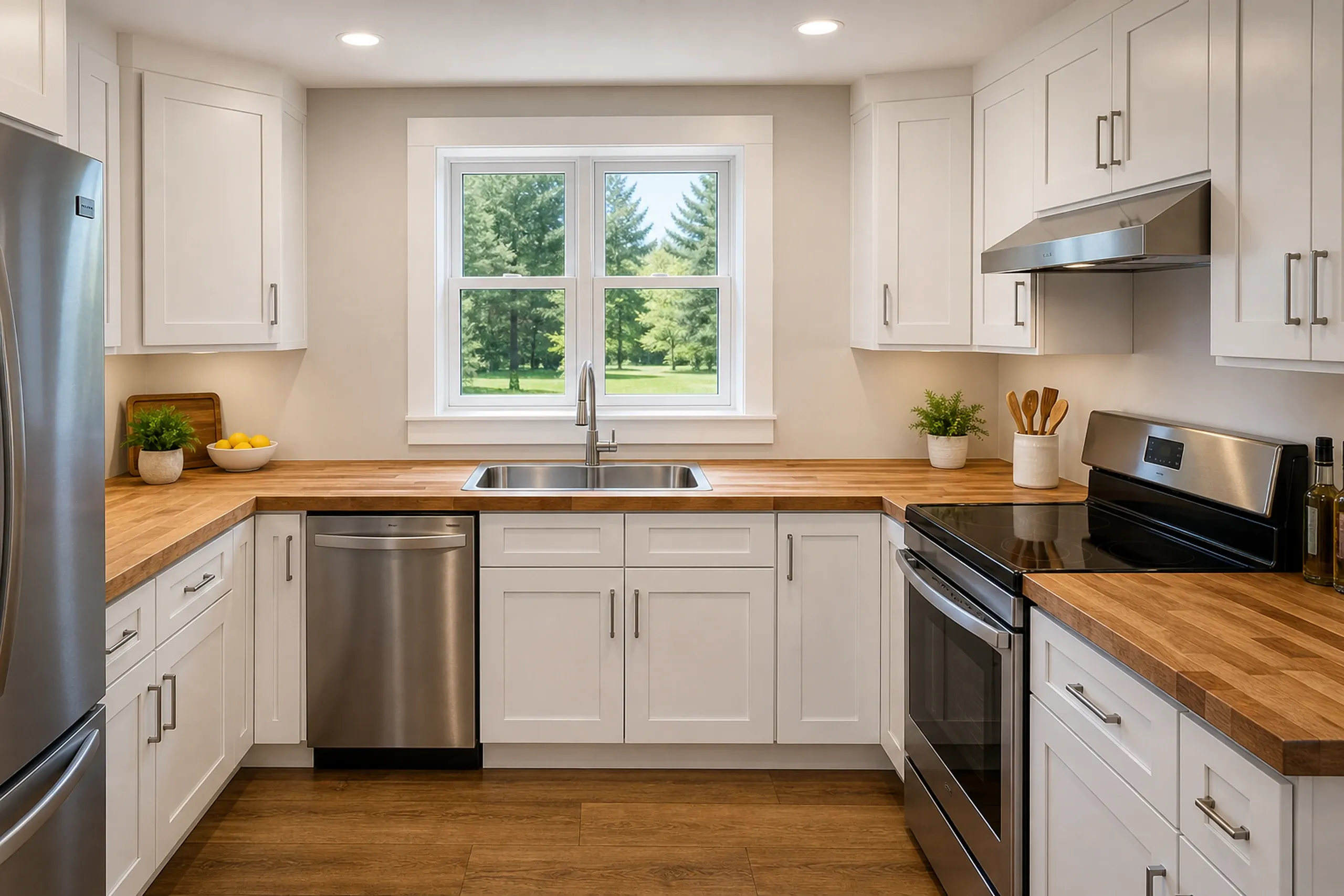 Modern kitchen renovation in Milford, Maine: White cabinetry with wood countertops, stainless steel appliances, and large window overlooking green landscape.